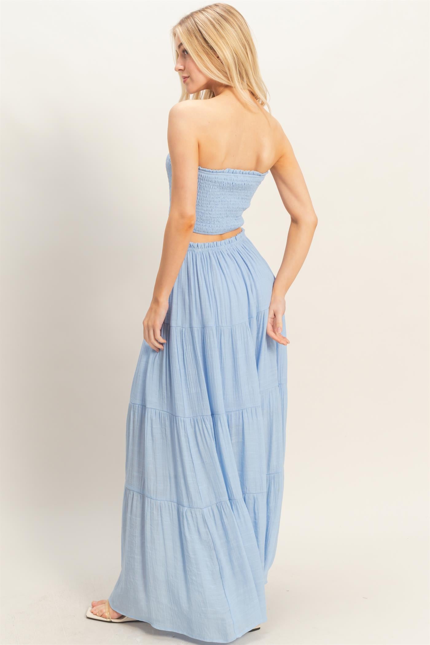 Wholesale Smocked Tube Top & Tiered Skirt Set Clothing HF26C289-SET-D POWDER BLUE HYFVE