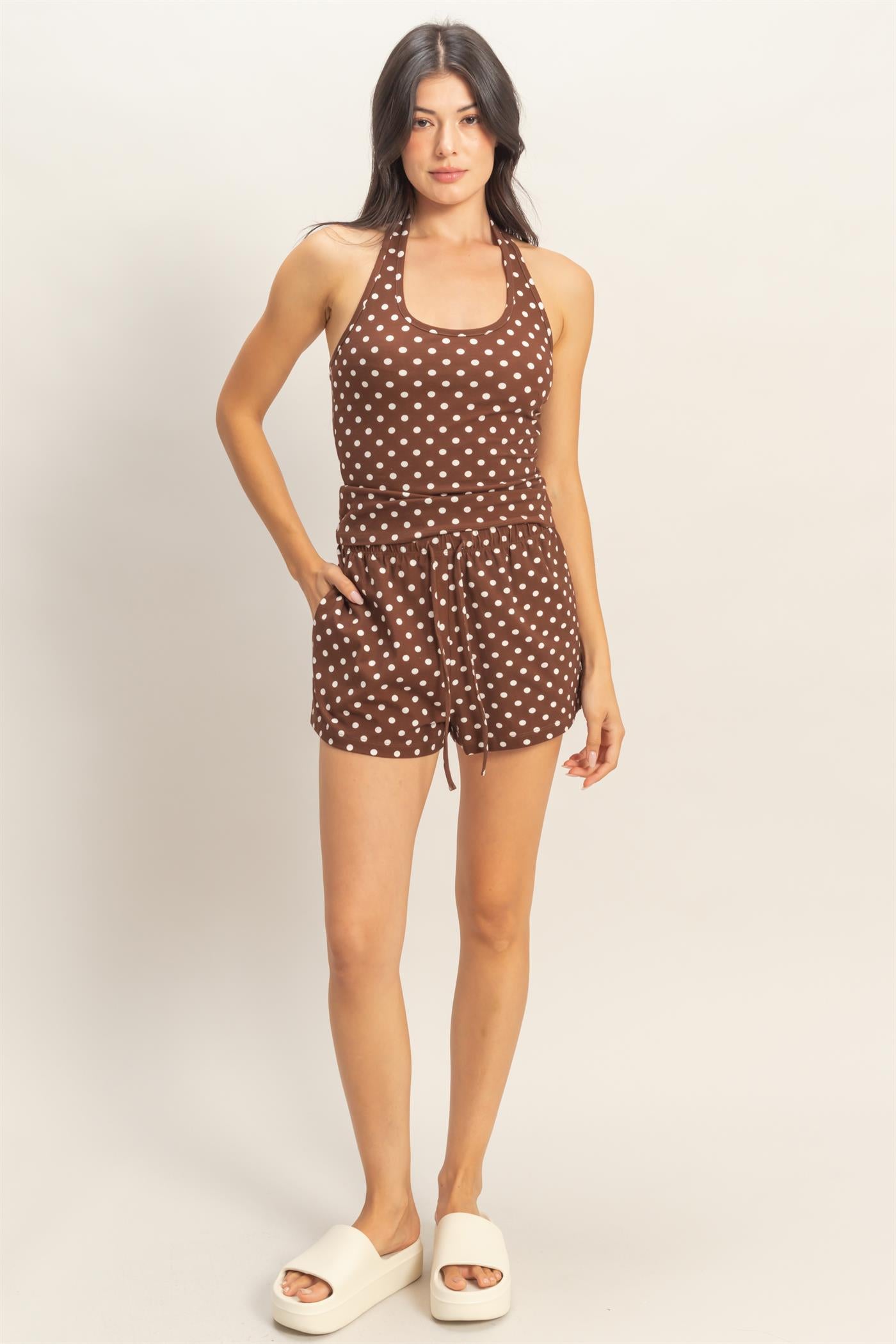 Wholesale Polka Dot Drawstring Shorts Shorts DZ26C385 BROWN DOUBLE ZERO