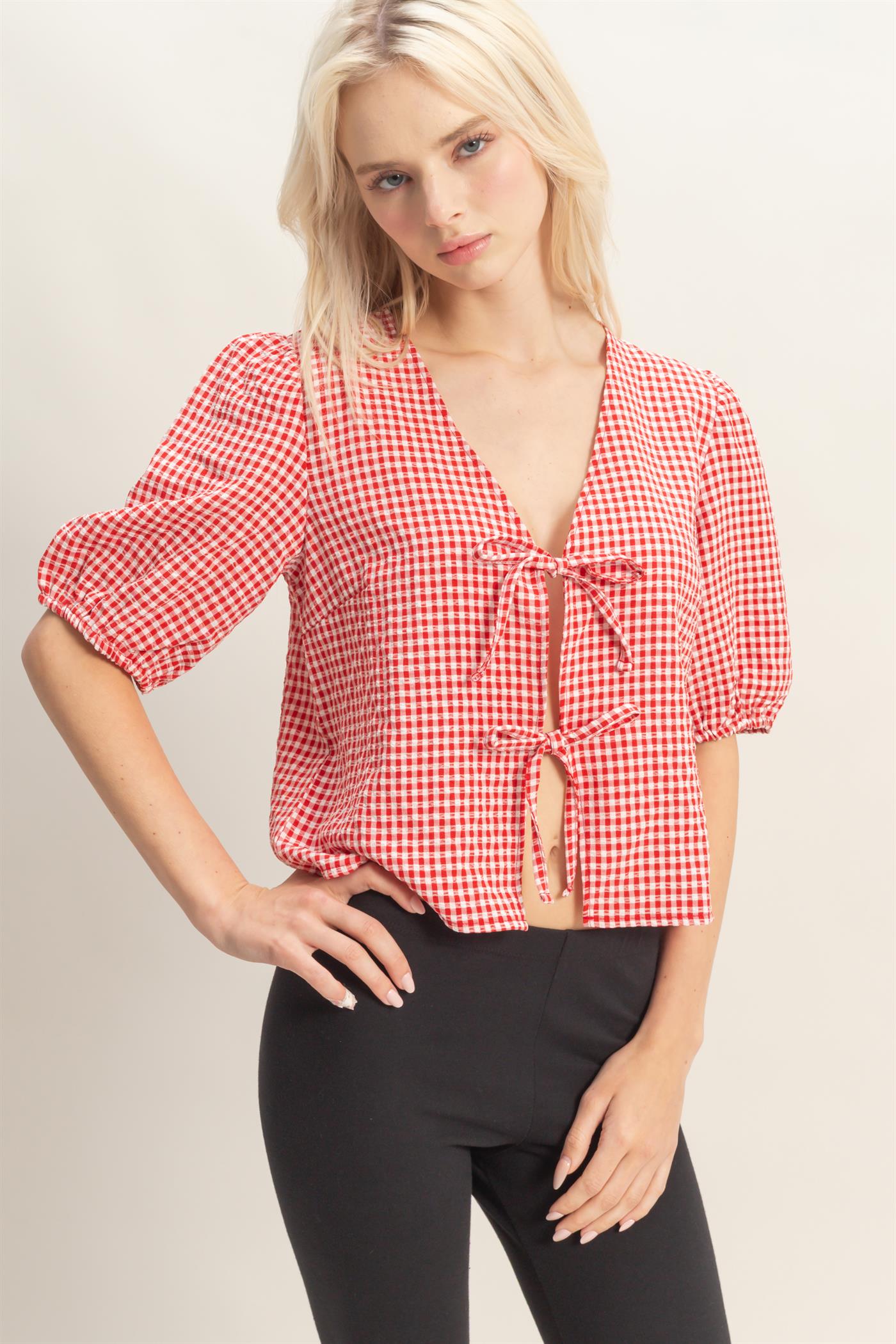Wholesale Gingham Bow Tie Puff Sleeve Blouse Blouses DZ26C229 RED DOUBLE ZERO