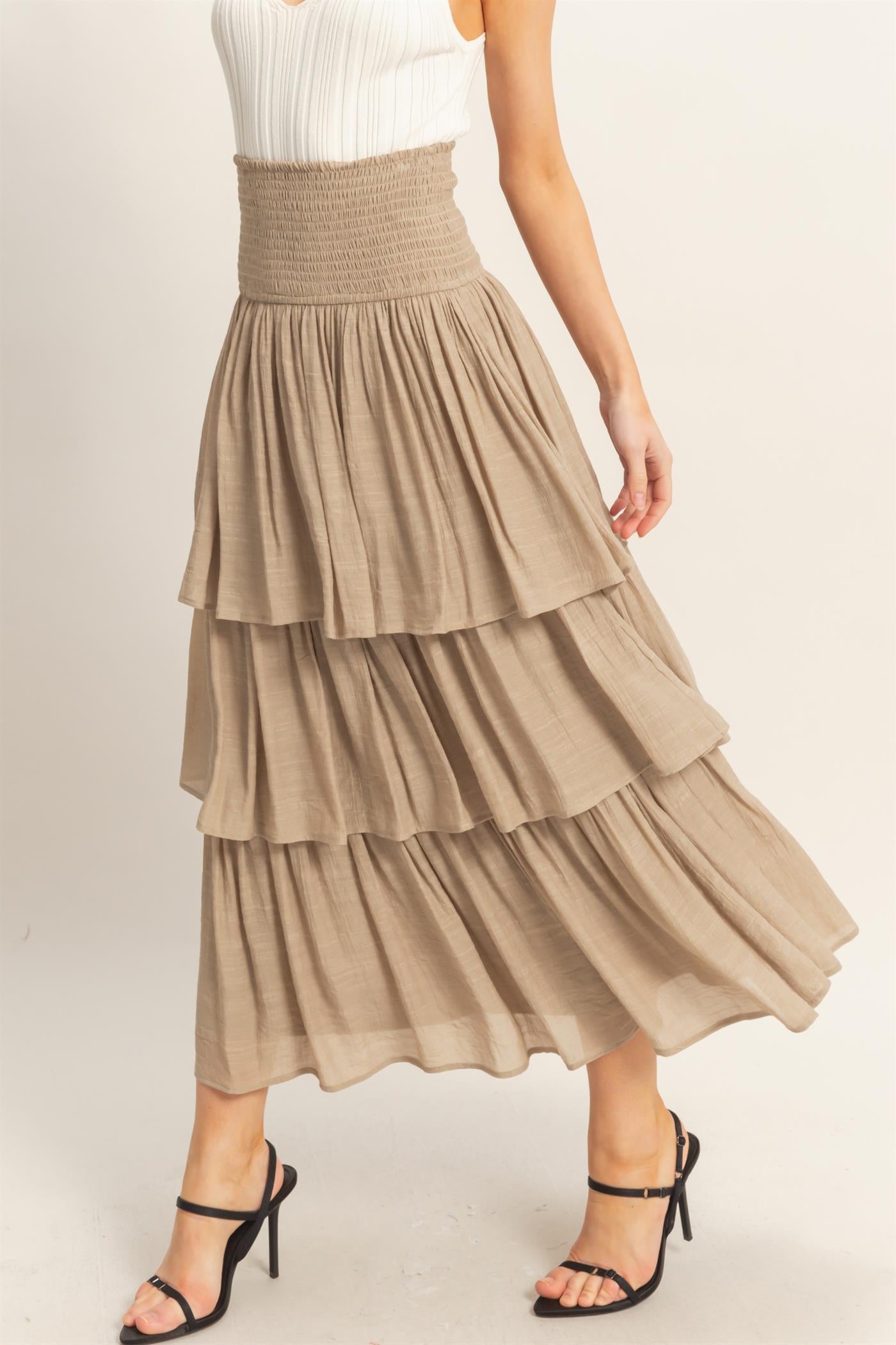 Wholesale Tiered Smocked Waist Skirt Skirts HF26C188-D TAUPE HYFVE