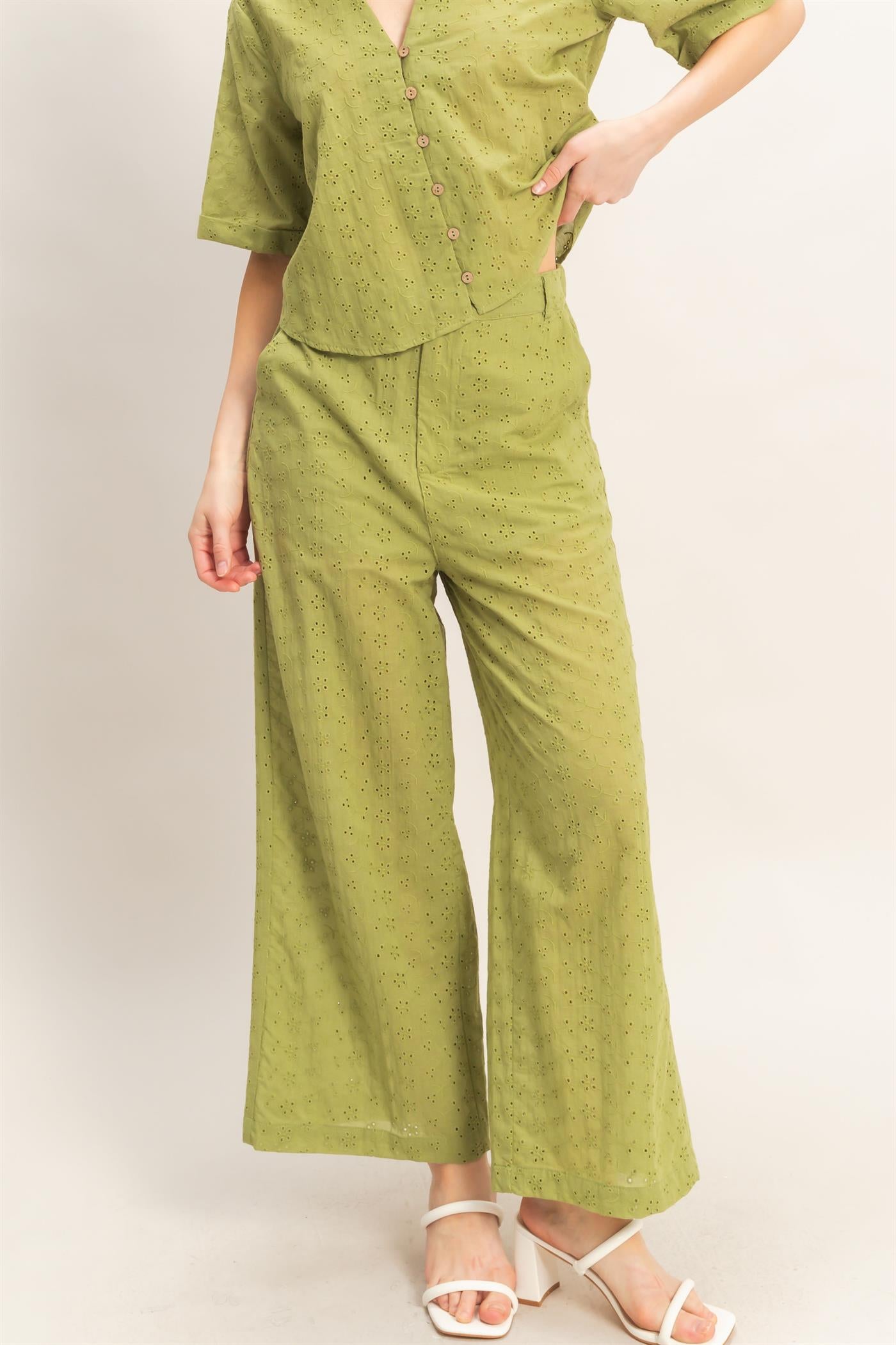 Wholesale Floral Eyelet Pants Pants HF26C542 LIGHT OLIVE HYFVE