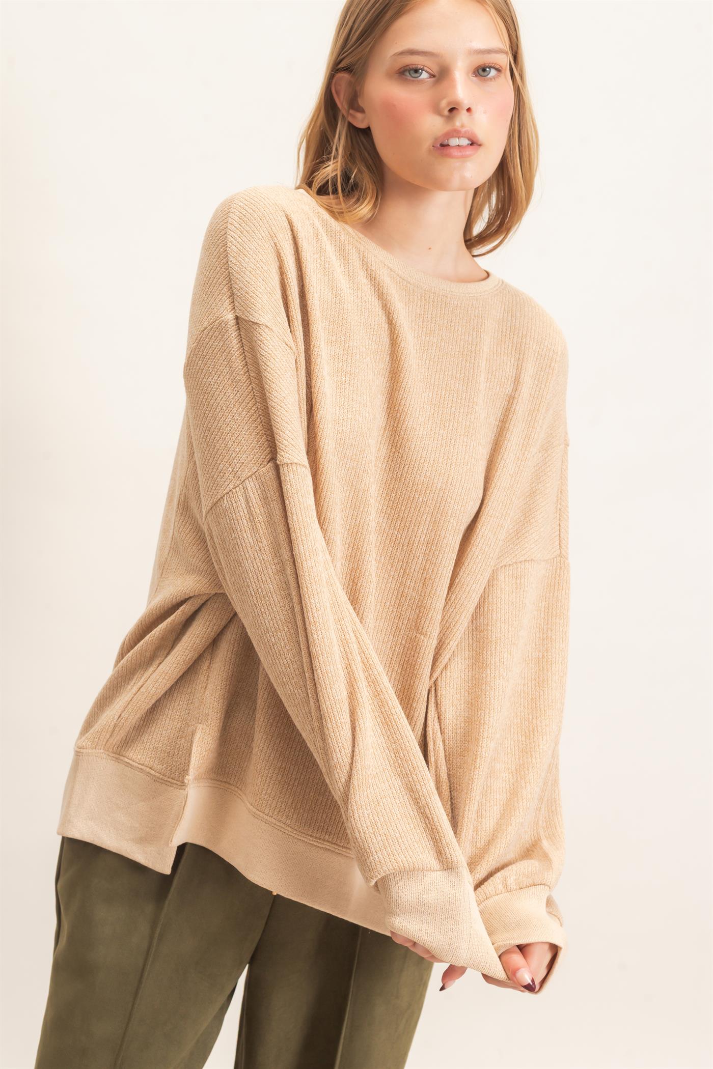 Wholesale Ribbed Boat Neck Knit Top Clothing Tops HF26E852 CAMEL HYFVE