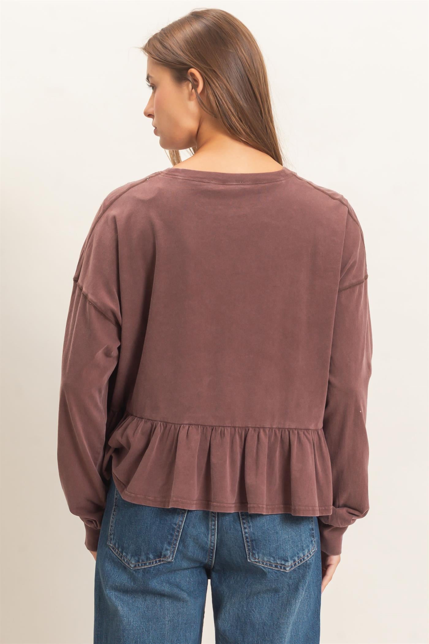 Wholesale Peplum Long Sleeve Top Clothing Tops DZ26F397 DARK BROWN DOUBLE ZERO