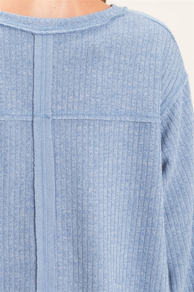 Wholesale Ribbed V-Neck Knit Top Shirts HF26F351 BLUE HYFVE