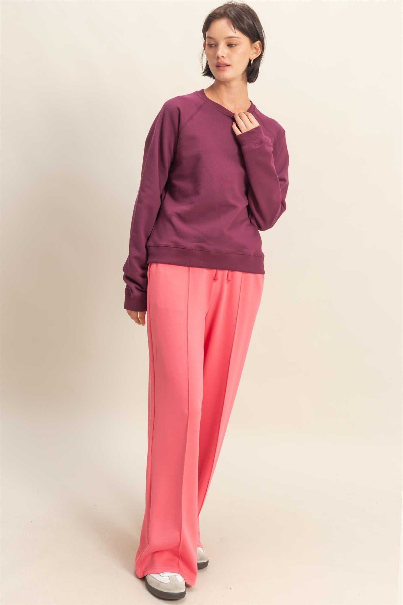 Wholesale Crew Neck Raglan Sleeve Comfy Pullover Sweatshirt Sweatshirts DZ25E237 DARK CHERRY DOUBLE ZERO