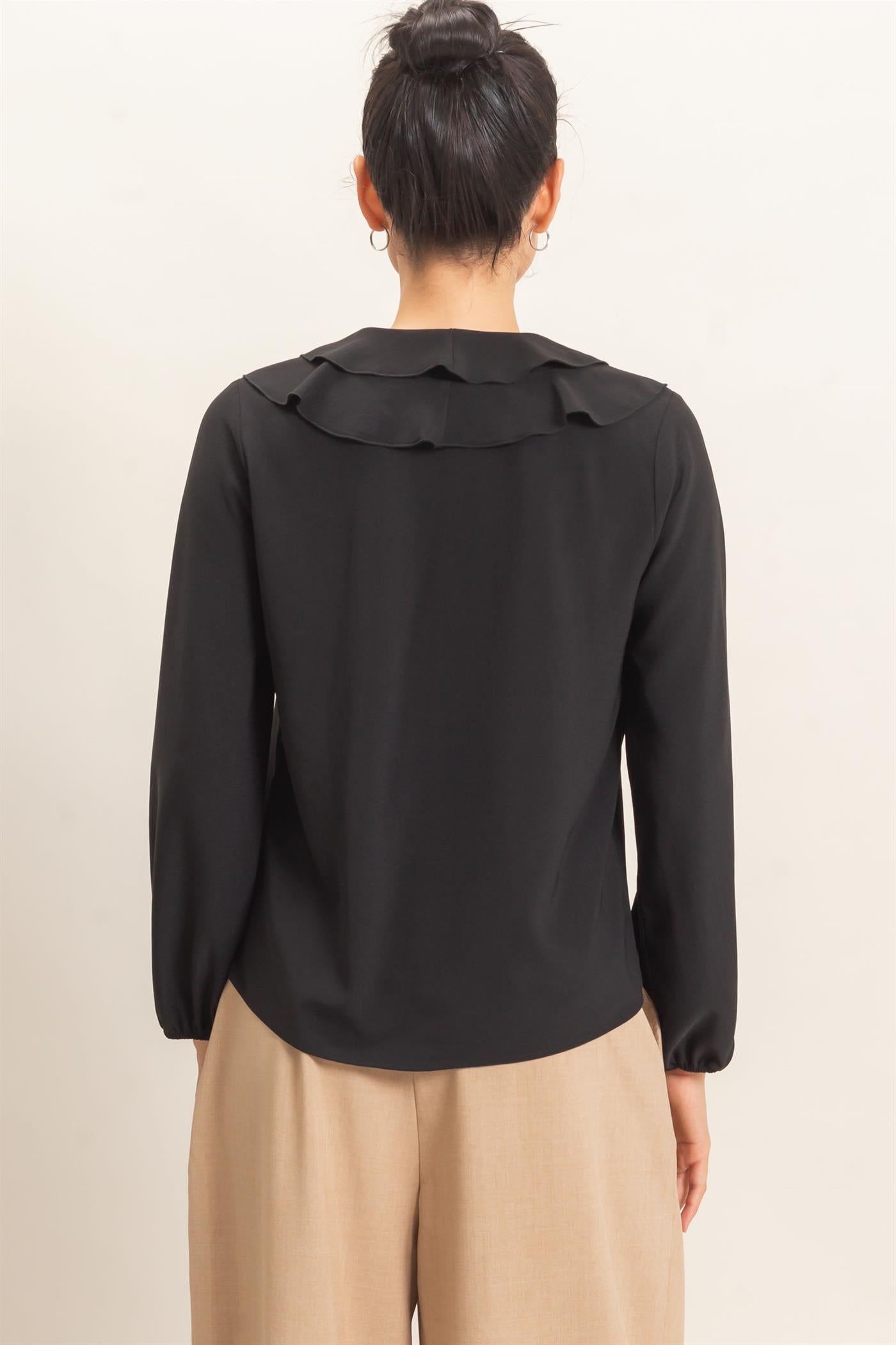 Wholesale Ruffled V-Neck Button-Up Blouse Blouses HF26C739 BLACK HYFVE