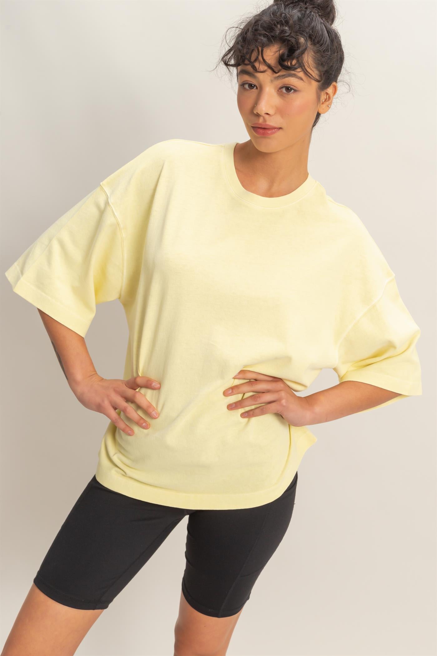 Wholesale Pigment Dye Oversized Half-Sleeve T-Shirt Clothing Tops DZ26A459 PALE YELLOW DOUBLE ZERO