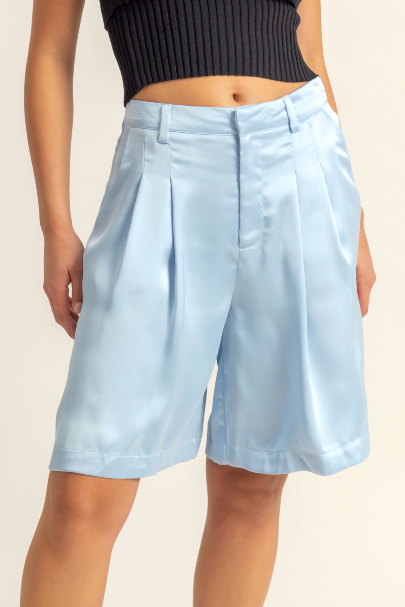 Wholesale High-Waist Pleated Satin Shorts Shorts DZ24E149 ICE BLUE DOUBLE ZERO
