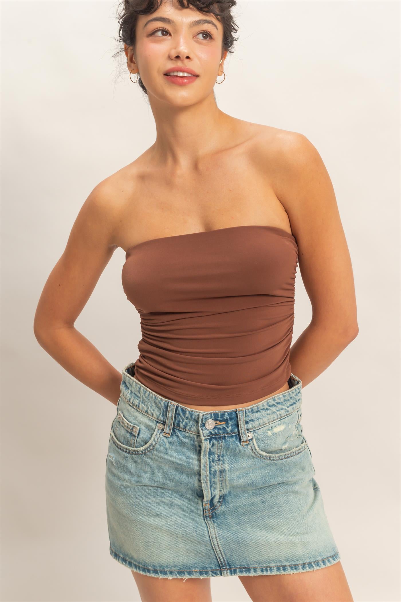 Wholesale Ruched Bandeau Top Clothing Tops DZ26C334 CHOCOLATE DOUBLE ZERO
