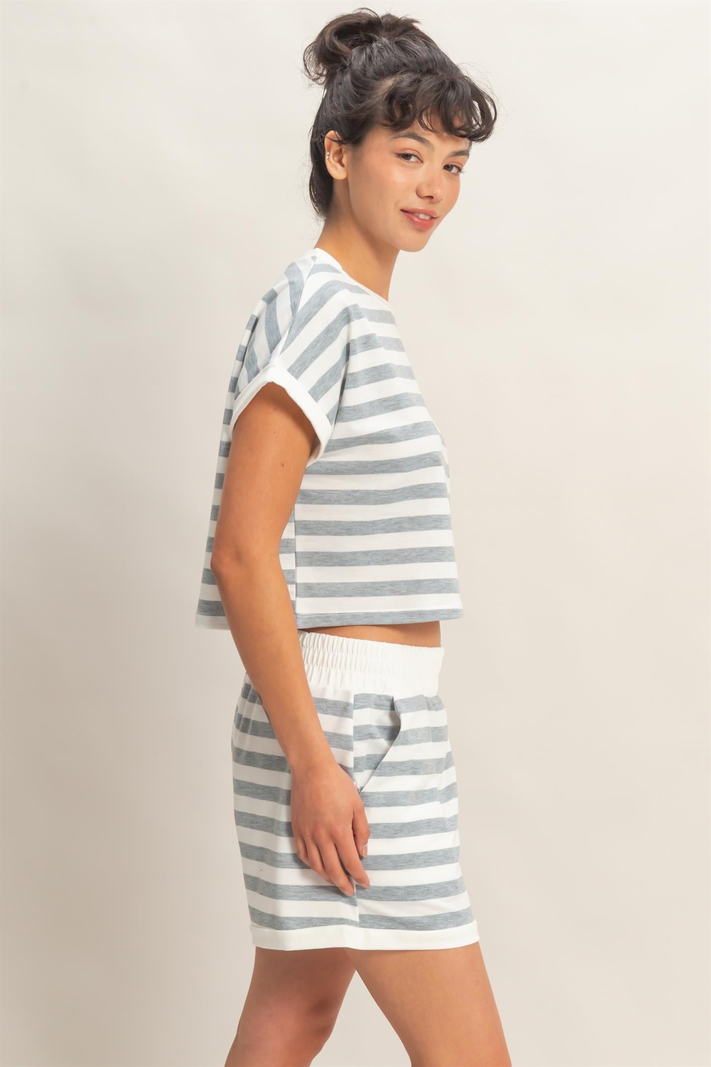 Wholesale Striped Short Sleeve Top & Shorts Set Clothing HF26C064-SET HEATHER GRAY HYFVE