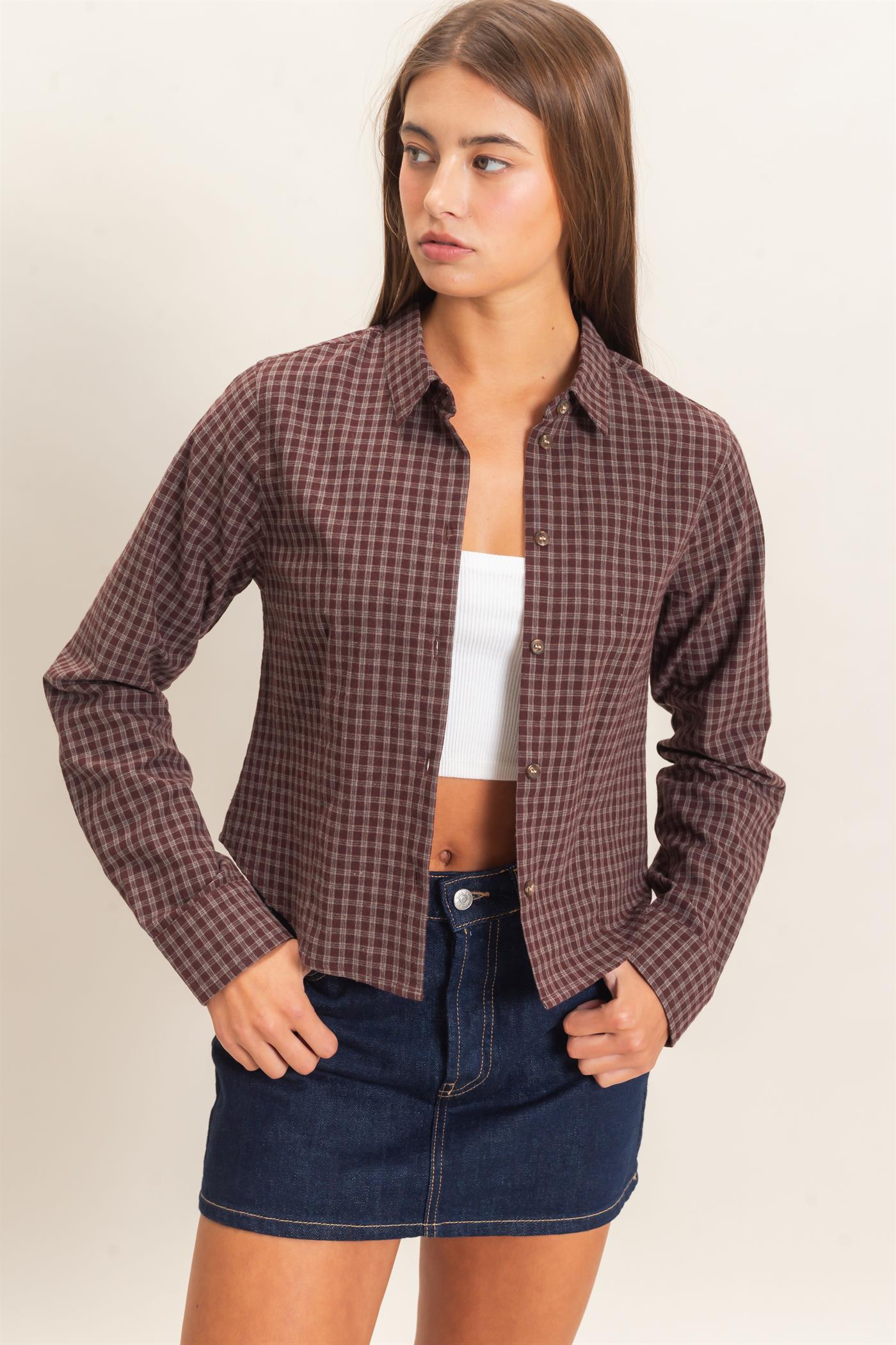 Wholesale Plaid Long Sleeve Shirt Shirts DZ26E910 BROWN DOUBLE ZERO