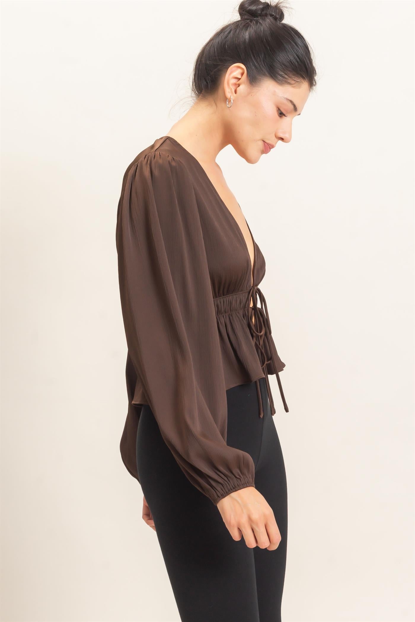 Wholesale Plunging Tie-Front Blouse Blouses HF26F082 BROWN HYFVE