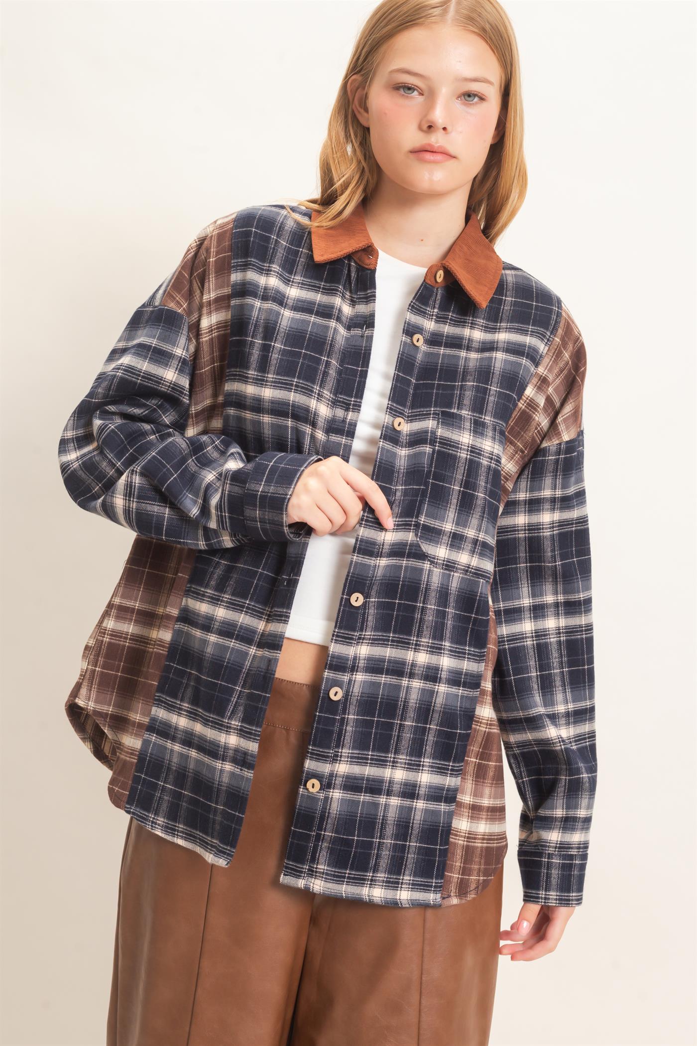 Wholesale Plaid Button-Up Shirt With Corduroy Collar Shirts HF26E157 BLACK HYFVE