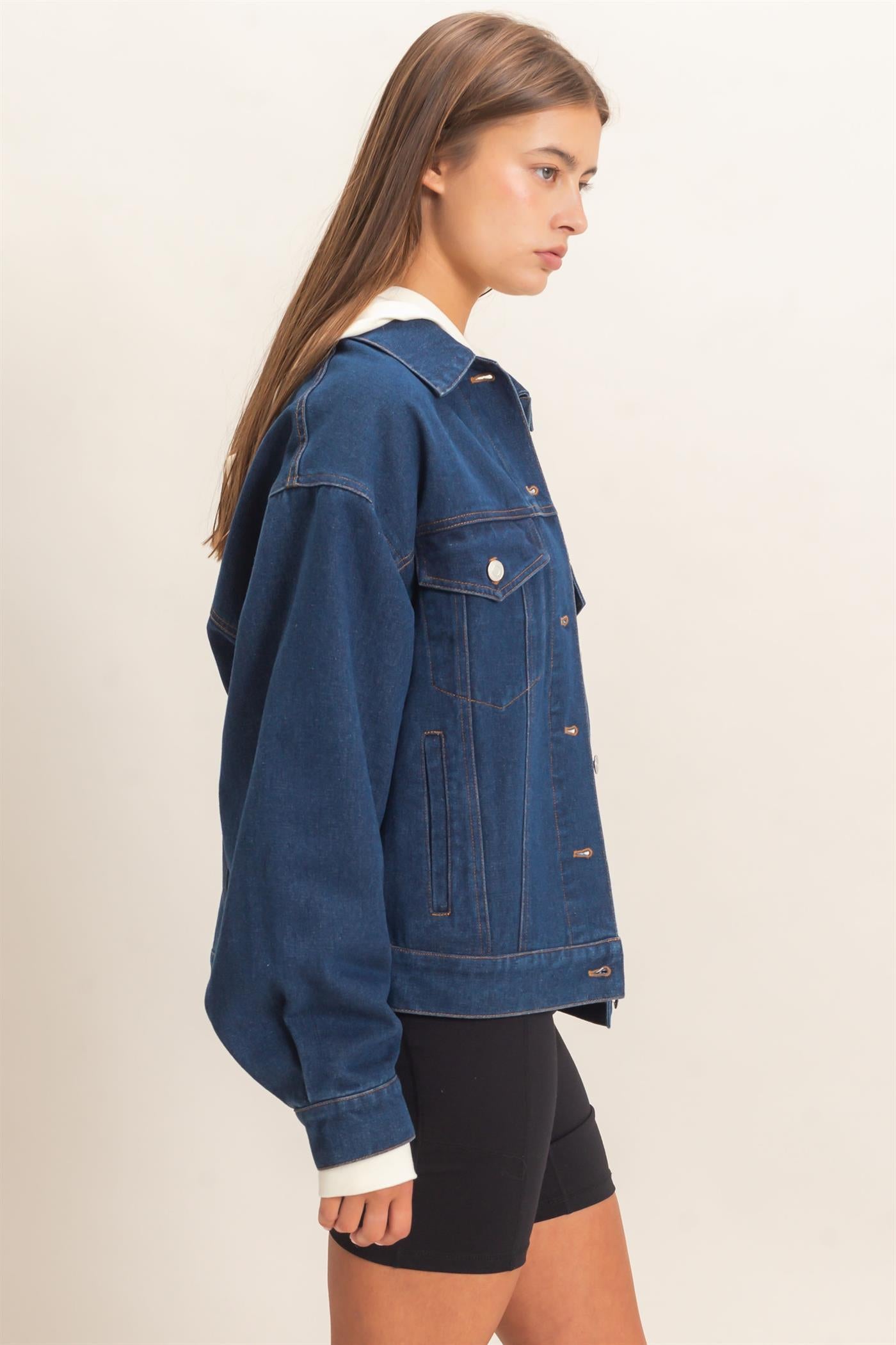 Wholesale Oversized Denim Trucker Jacket Coats & Jackets DZ26E804 DARK BLUE DOUBLE ZERO