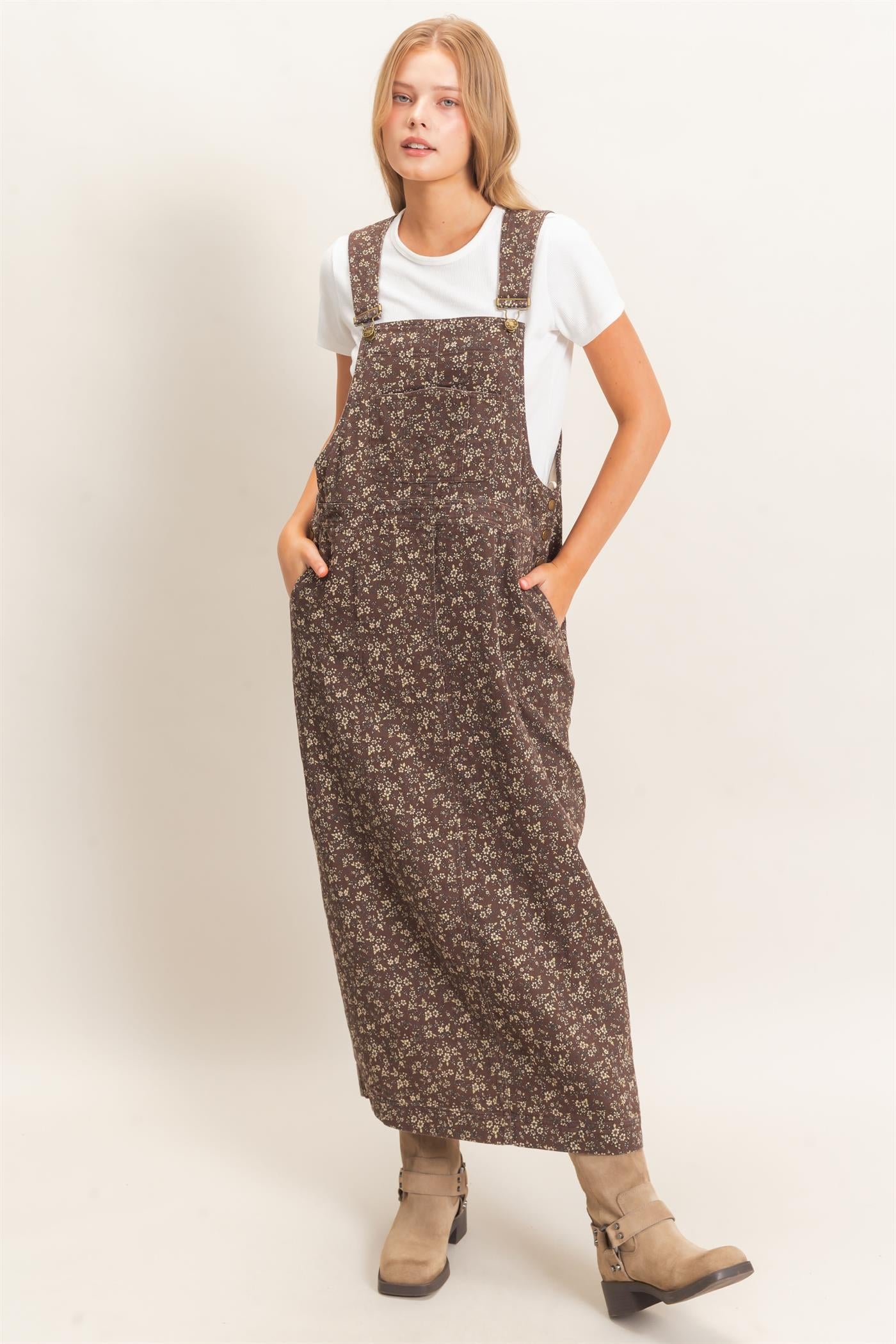 Wholesale Floral Garment Wash Overall Dress Dresses HF26C838 CHESTNUT HYFVE