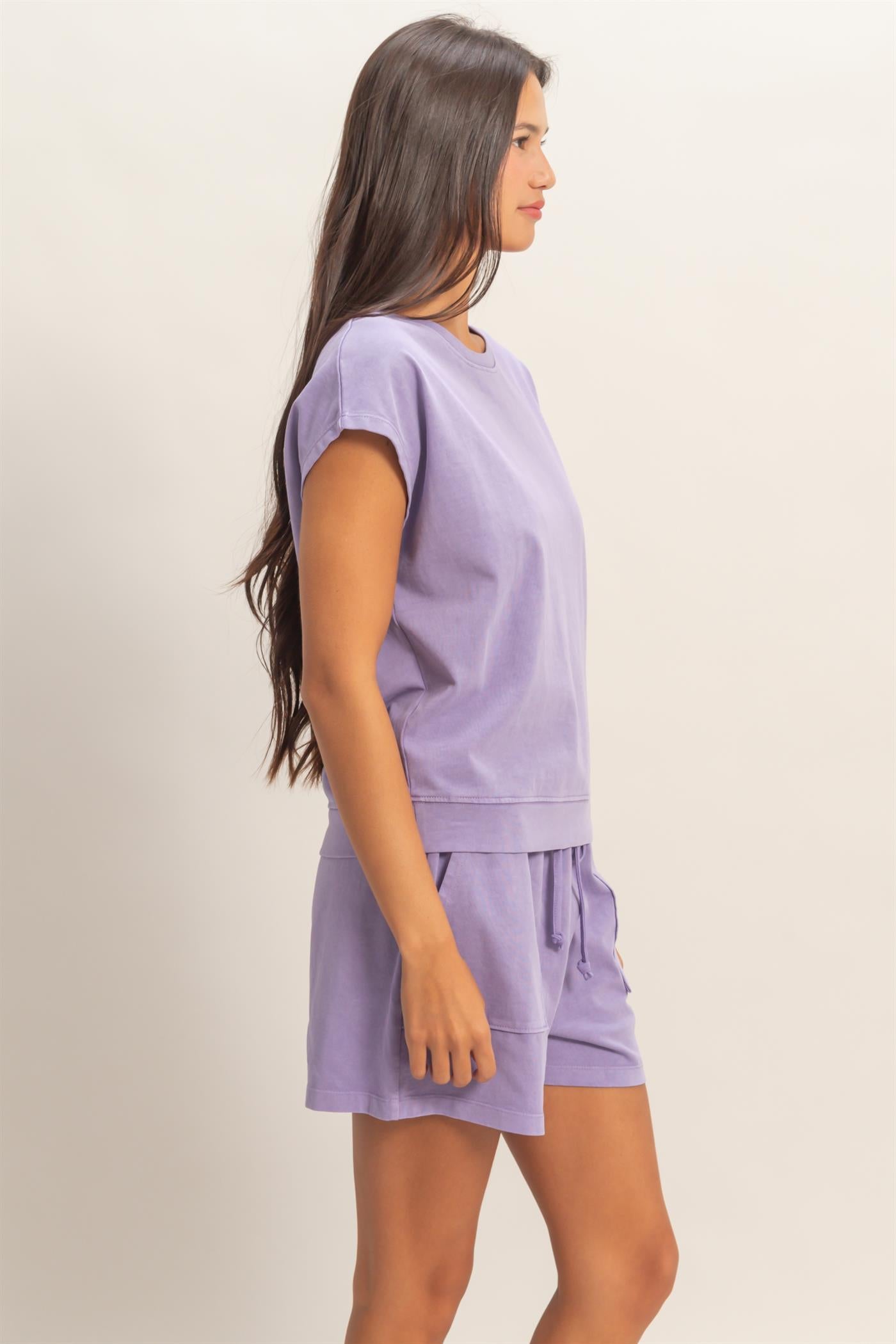 Wholesale Sleeveless Crew Neck Top and Shorts Set Clothing DZ26A028-SET DUSTY PURPLE DOUBLE ZERO