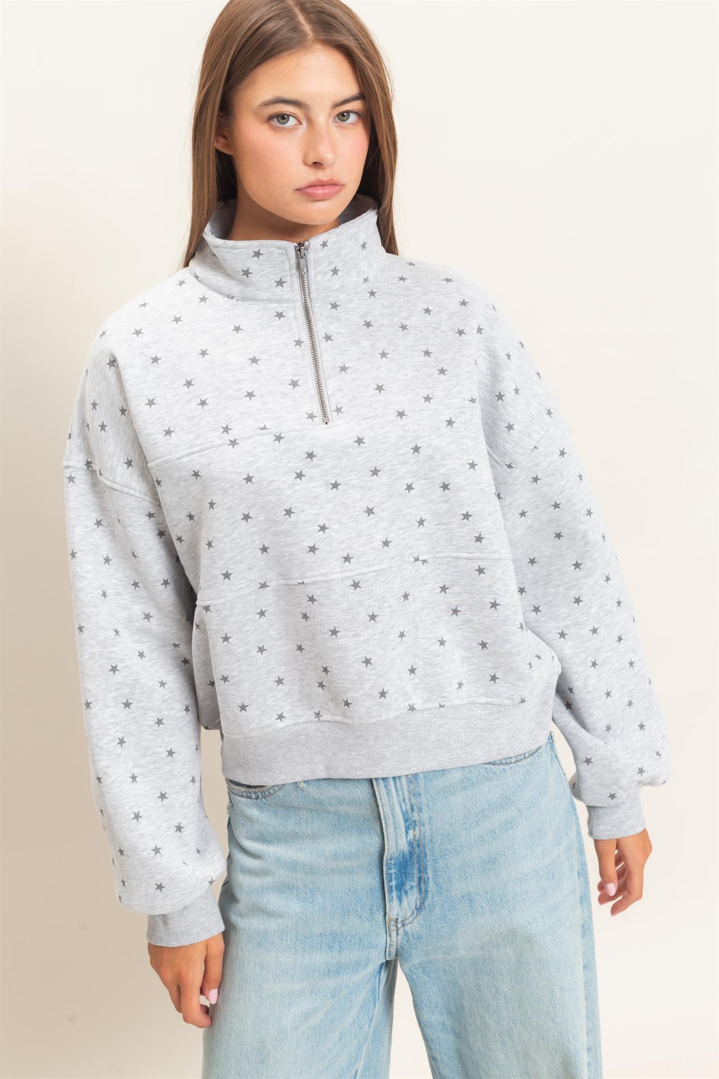 Wholesale Star Print Half Zip Sweatshirt Sweatshirts DZ26E245 HEATHER GRAY DOUBLE ZERO
