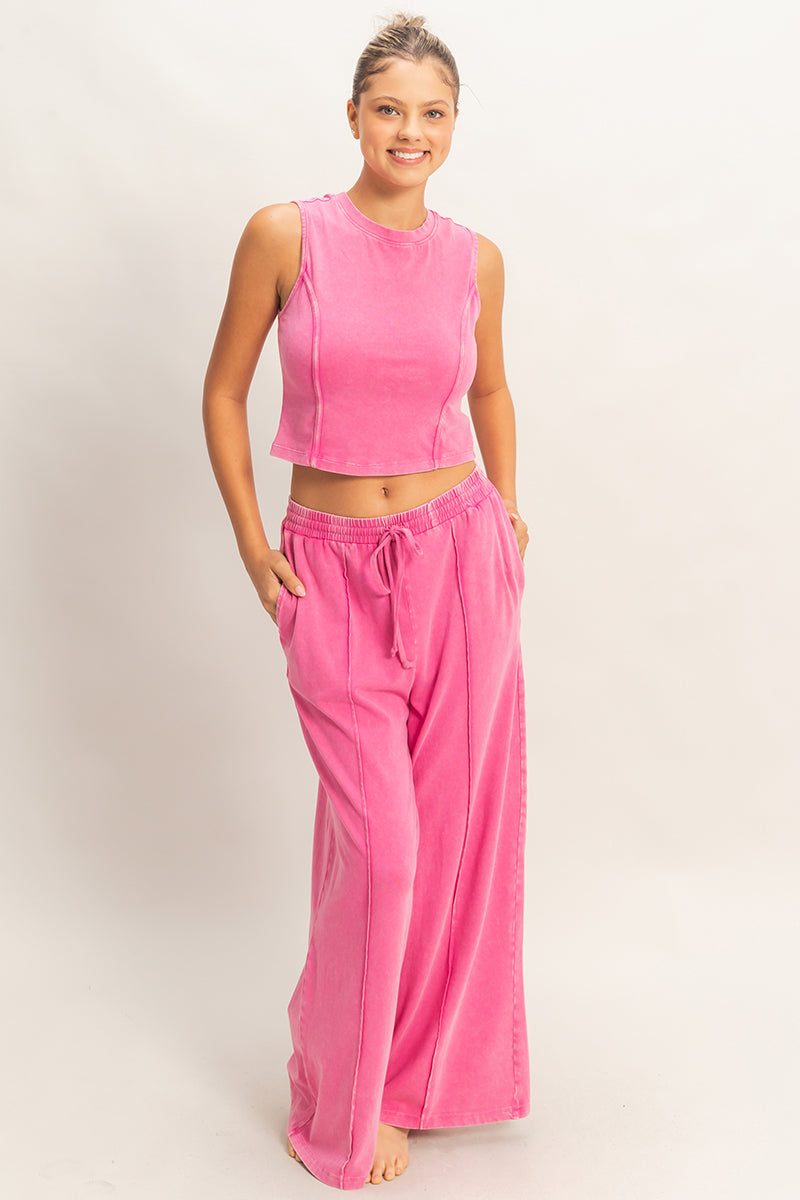 Wholesale Mineral Washed Sleeveless Top & Wide Leg Pants Set Clothing DZ26A371-SET FUCHSIA DOUBLE ZERO