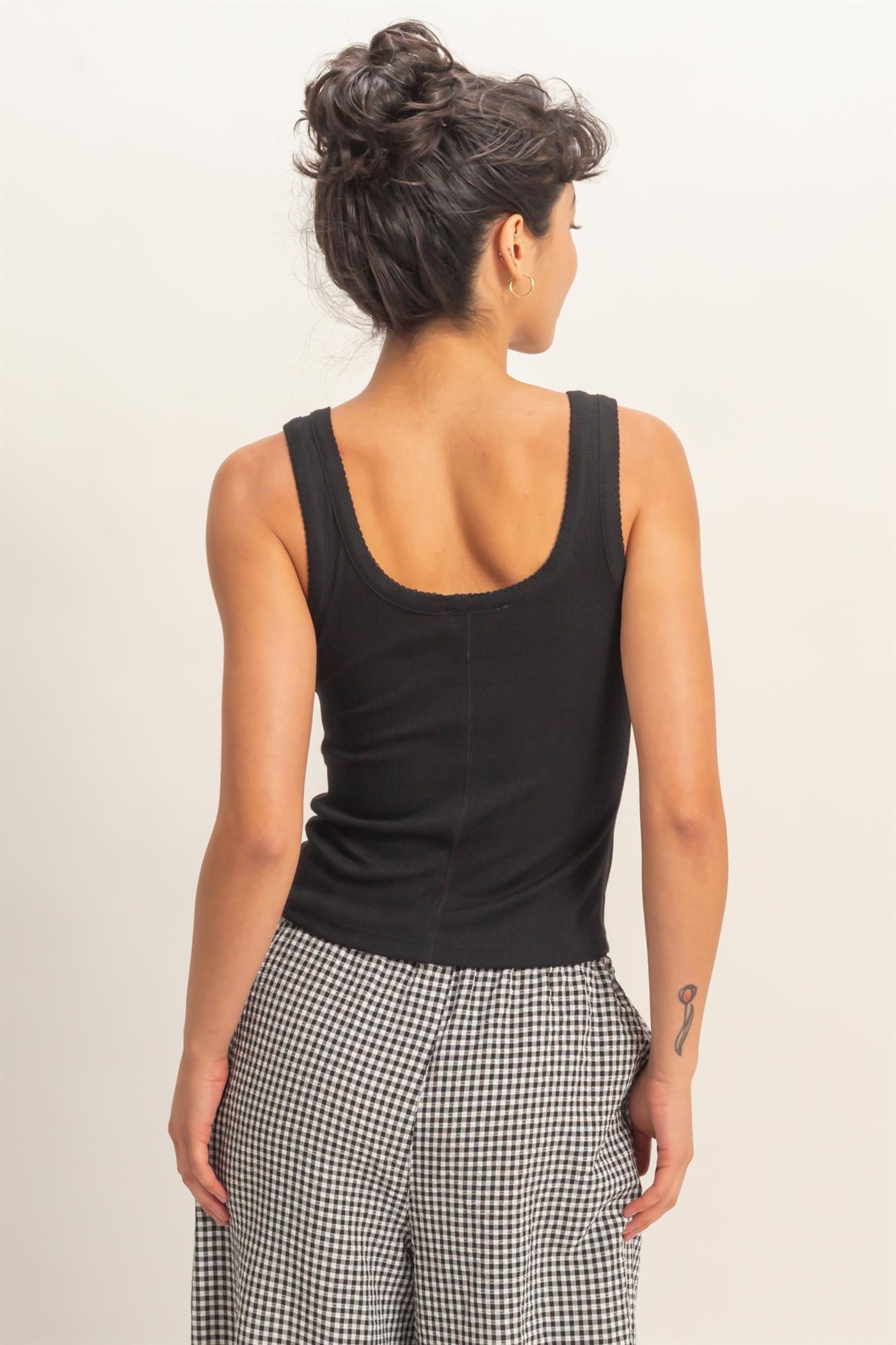 Wholesale Pointelle Button Front Scoop Neck Tank Top Tank Tops DZ26A775 BLACK DOUBLE ZERO