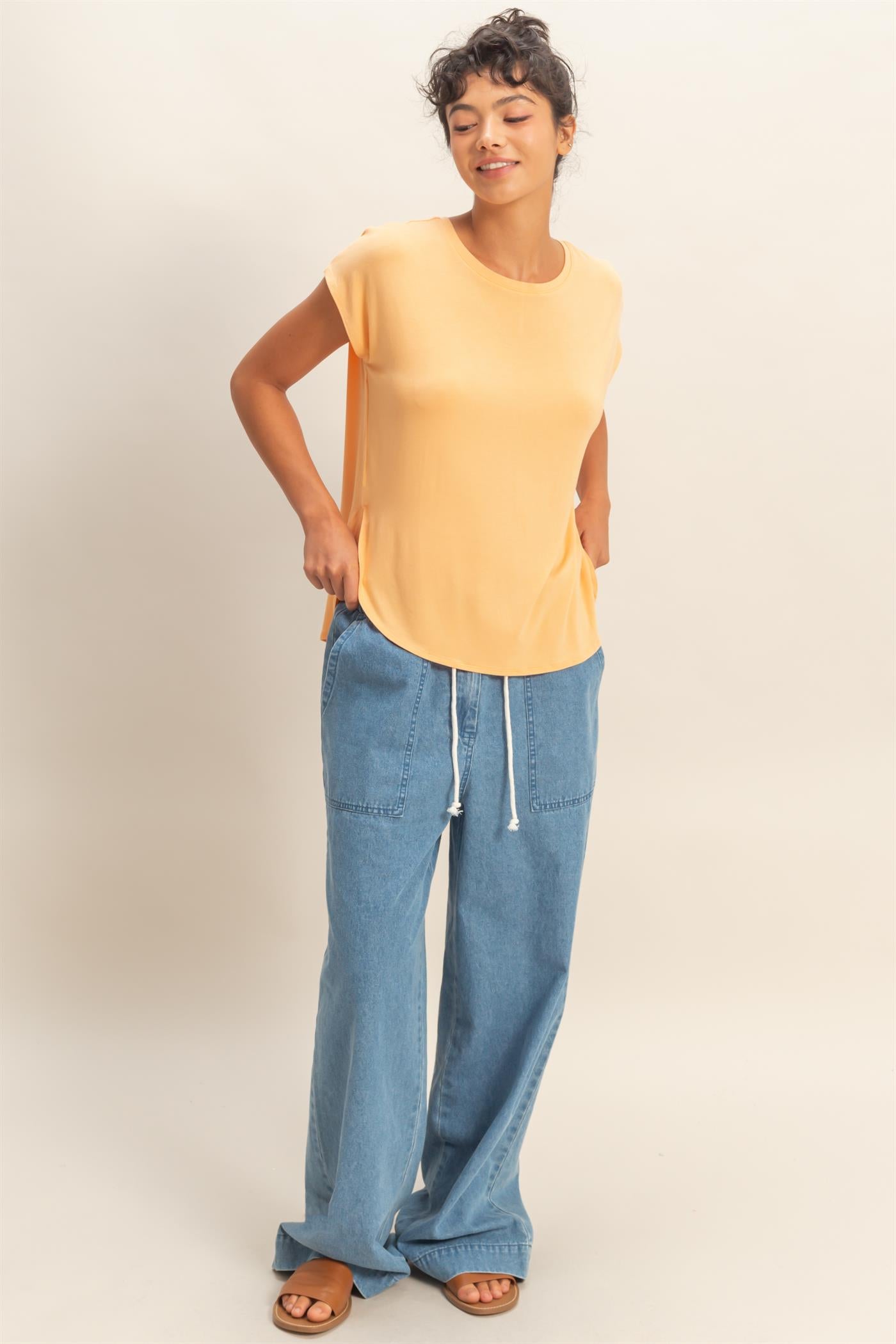 Wholesale Relaxed Dolman Short Sleeve  Round Neck Top Shirts DZ26A270 APRICOT DOUBLE ZERO