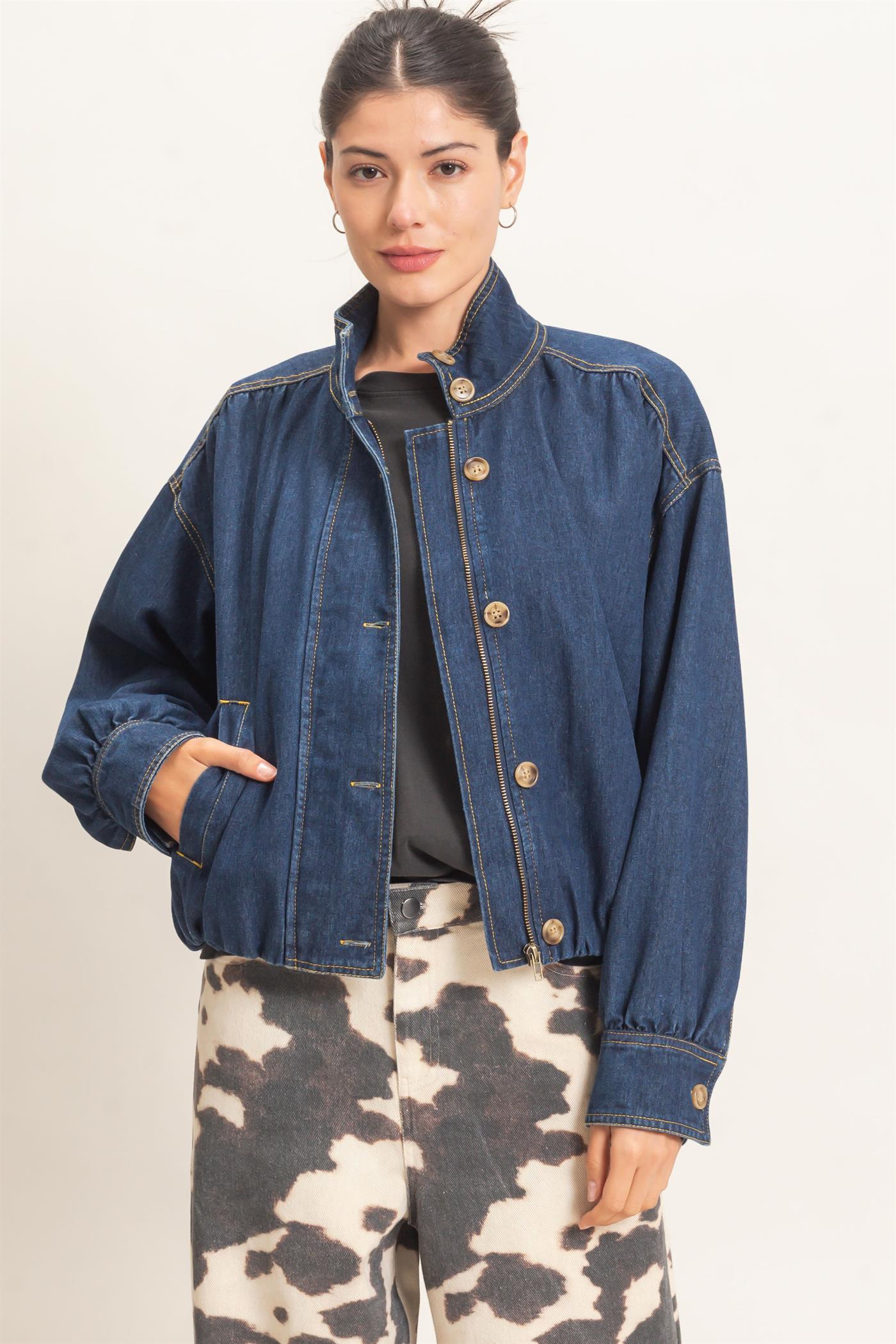 Wholesale High Collar Denim Bomber Jacket Coats & Jackets HF26E090-D DARK DENIM HYFVE