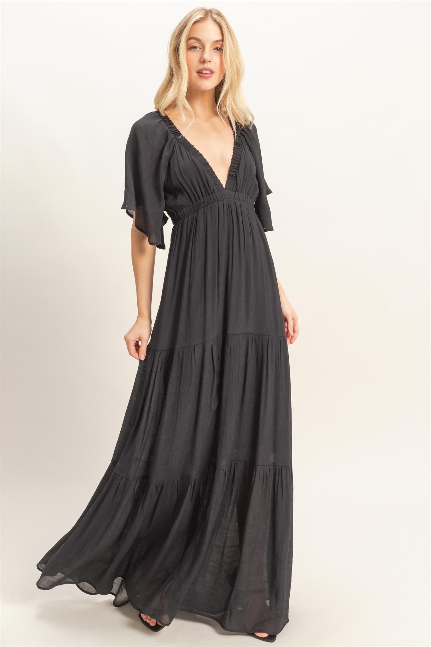 Wholesale Flutter Sleeve Maxi Dress Dresses HF26C285-D BLACK HYFVE