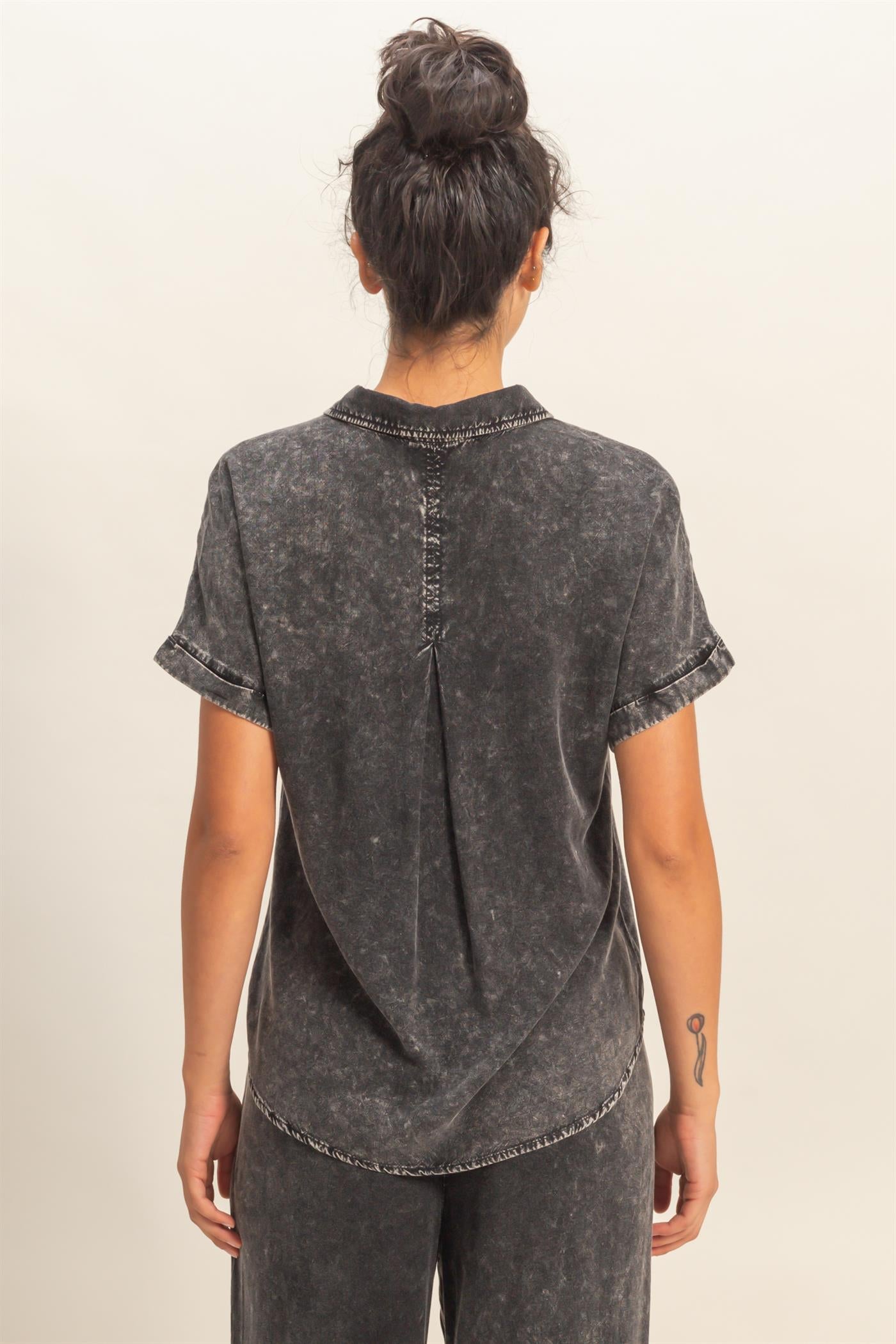 Wholesale Mineral Wash Button-Up Dolman Sleeve Shirt Shirts DZ26C132 BLACK DOUBLE ZERO