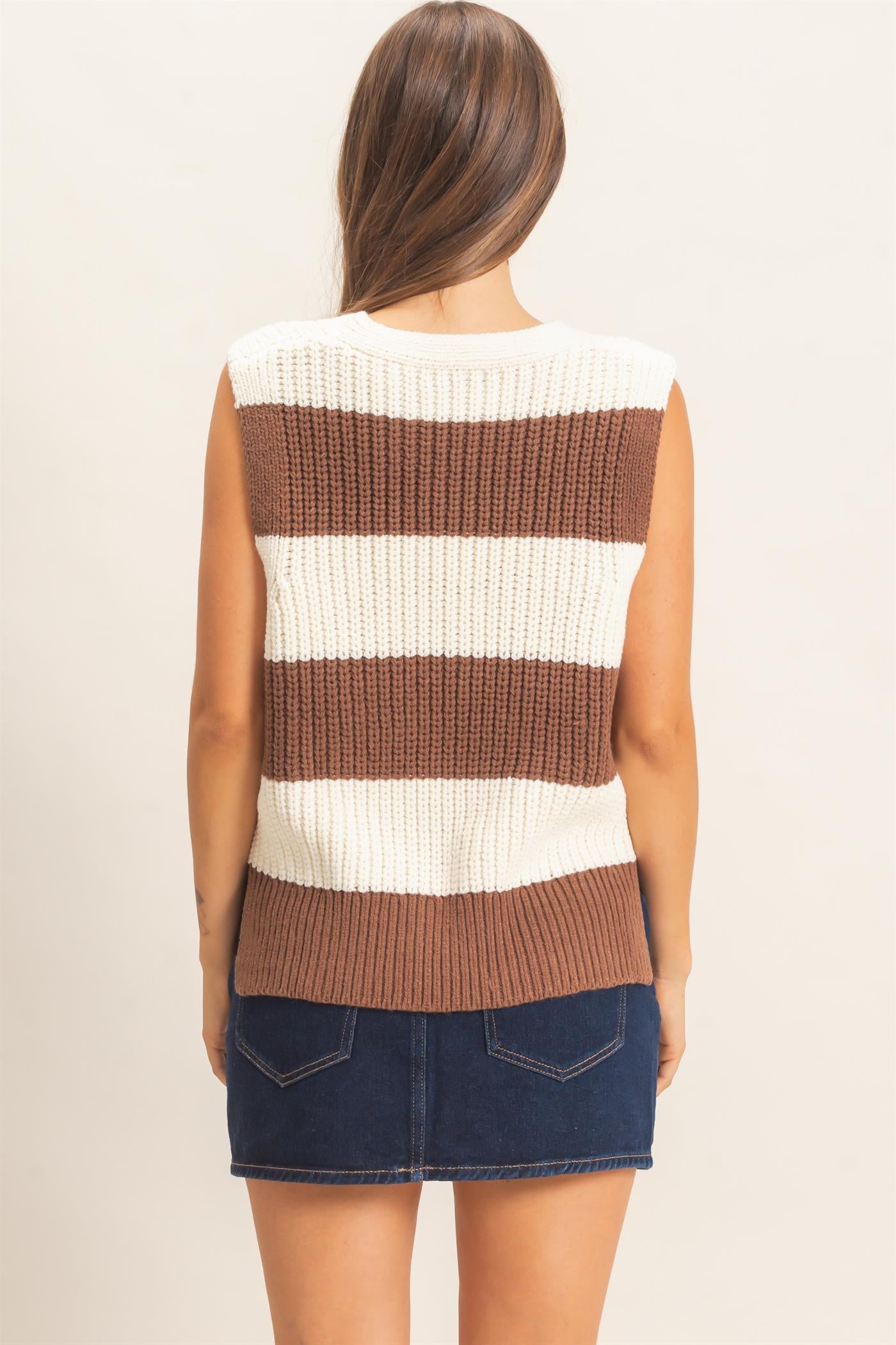 Wholesale V-Neck Striped Sweater Vest Sweaters HF26E482-D BROWN HYFVE