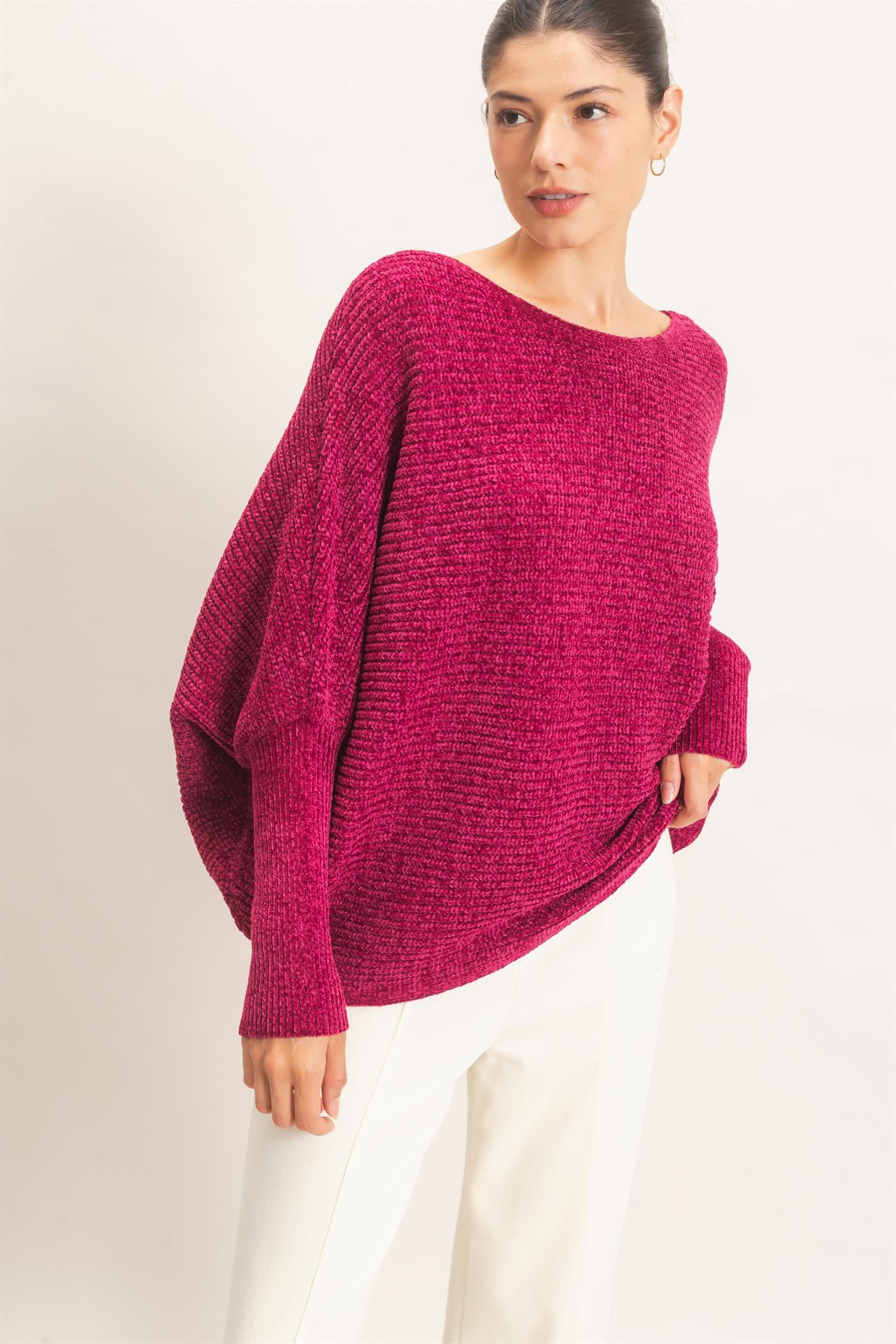 Wholesale Chenille Boat Neck Dolman Sleeve Sweater Sweaters HF26F185 BURGUNDY HYFVE