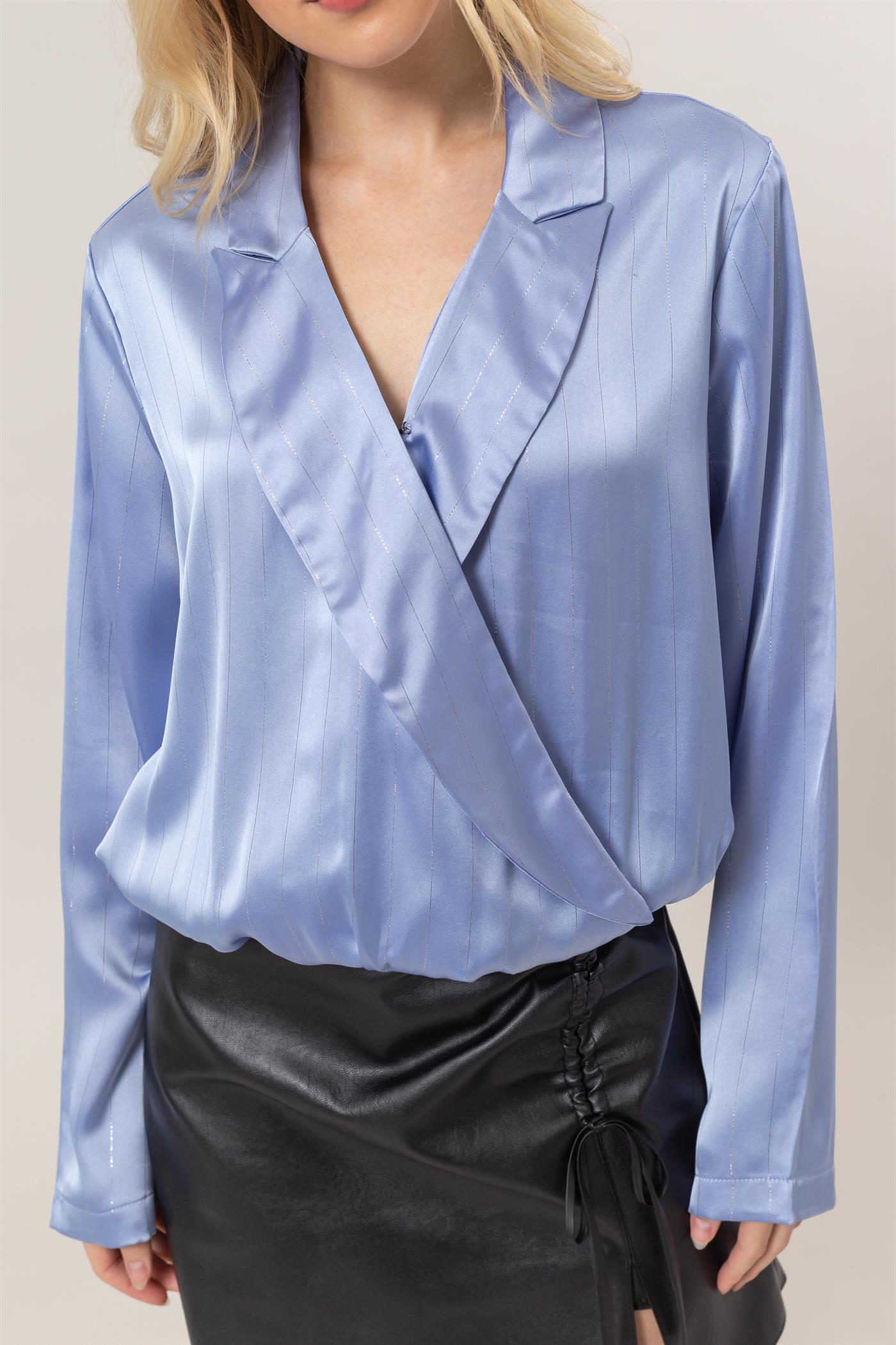 Wholesale Sophisticated Lurex Striped Wrap Blouse Clothing Tops HF25C383 DENIM BLUE HYFVE