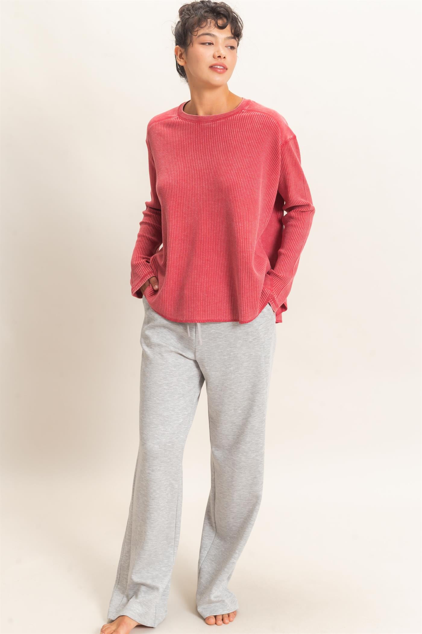 Wholesale Oversized Mineral Washed Waffle Knit Top Clothing Tops DZ26E654 DARK RED DOUBLE ZERO