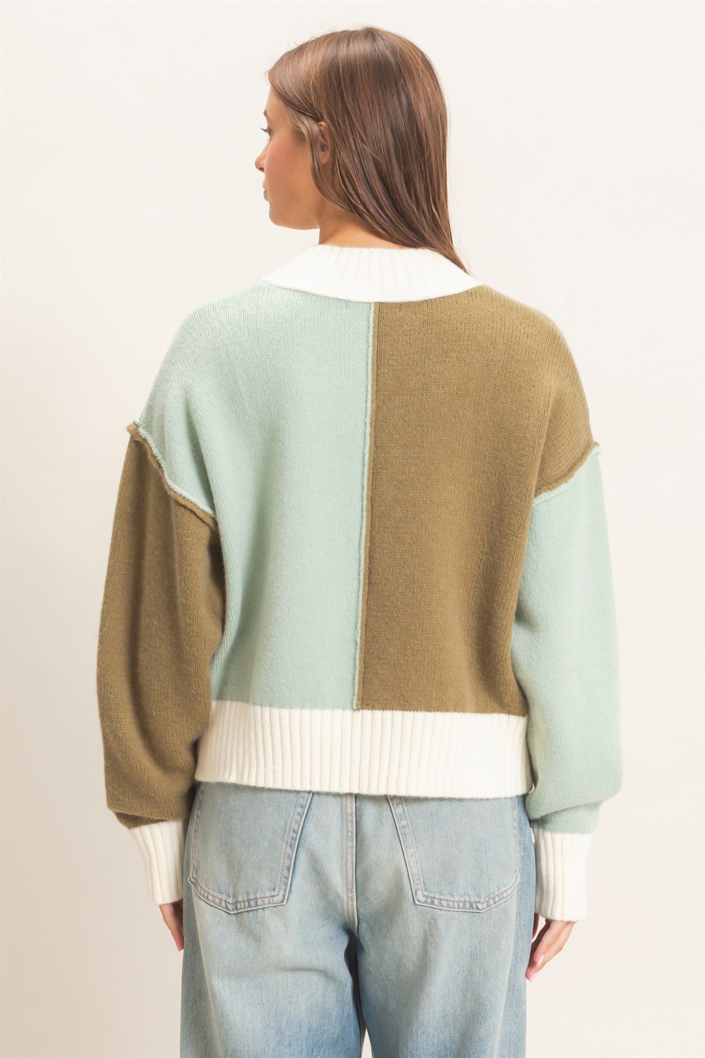 Wholesale Color Block Mock Neck Sweater Sweaters DZ27A211 OLIVE DOUBLE ZERO