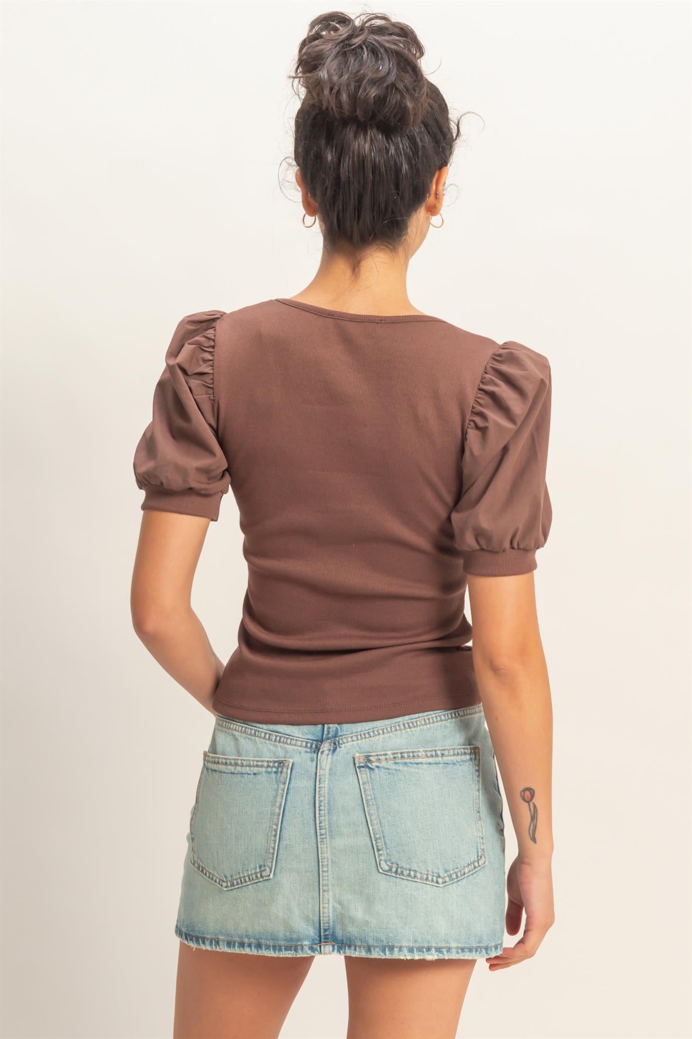 Wholesale Ribbed Puff Sleeve Scoop Neck Top Clothing Tops DZ26C071 CHOCOLATE DOUBLE ZERO