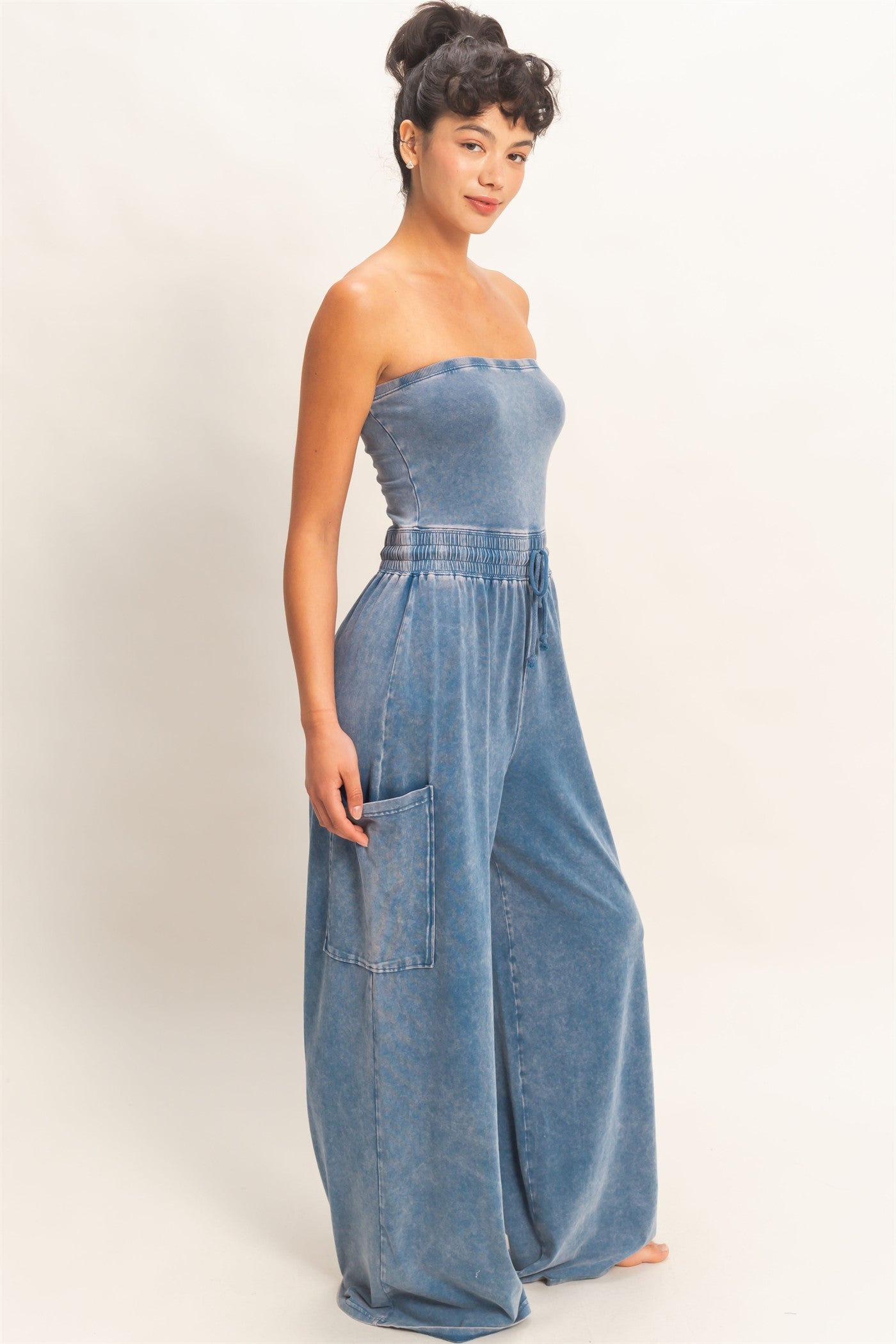 Wholesale Mineral Wash Strapless Wide-Leg Jumpsuit Clothing DZ26C376 NAVY DOUBLE ZERO