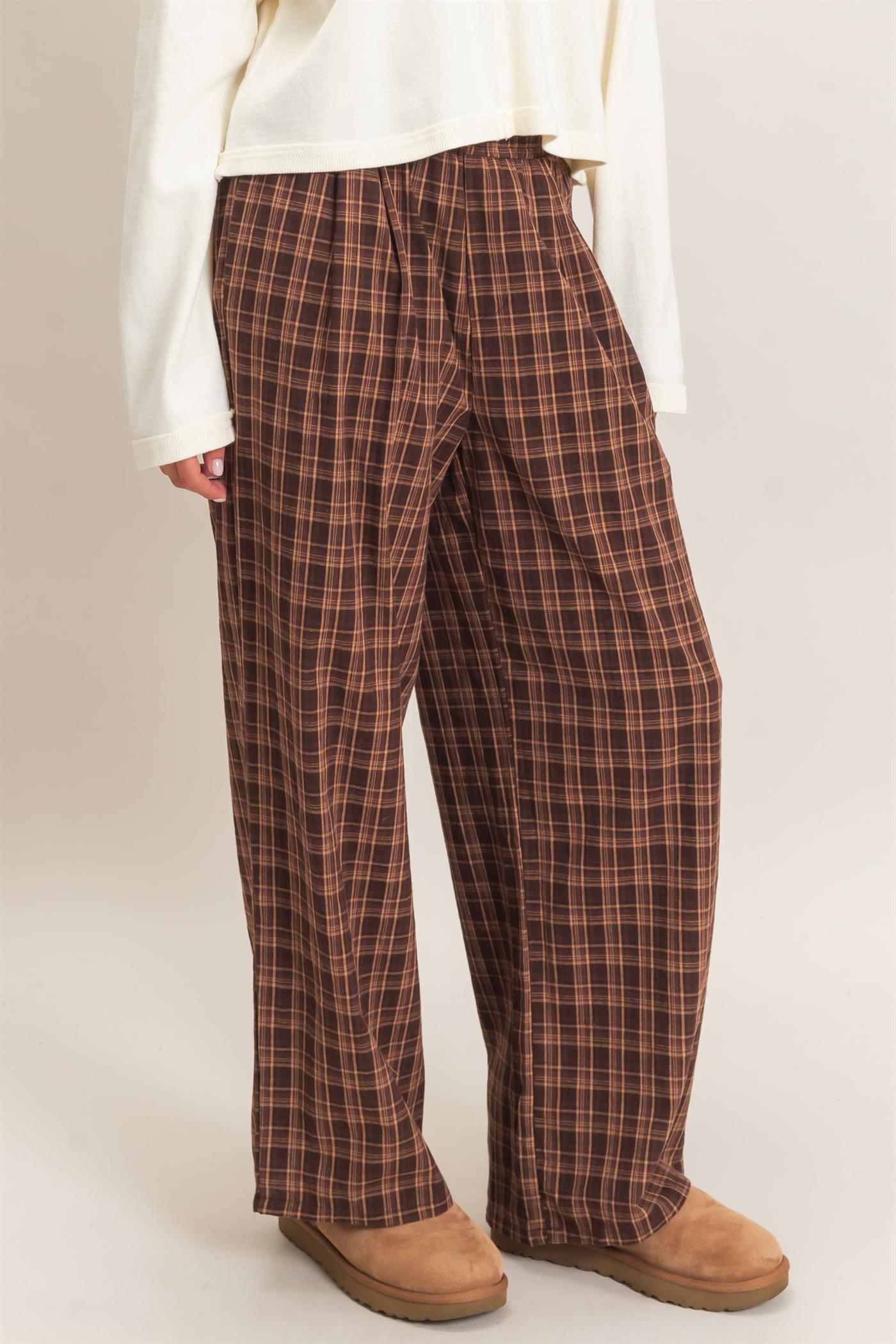 Wholesale Elastic Waist Plaid Pants Pants DZ26E375 BROWN DOUBLE ZERO