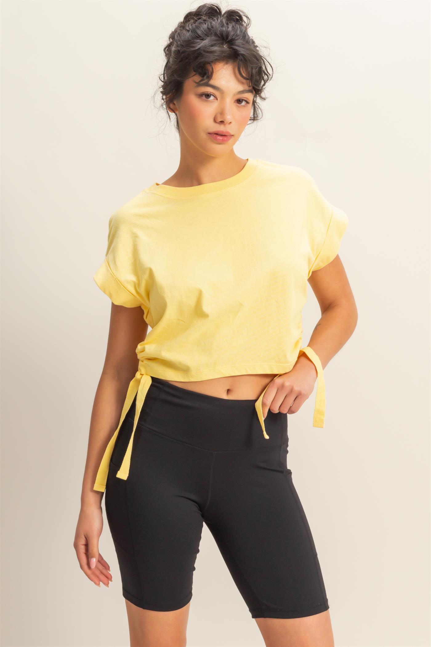 Wholesale Short Sleeve Side Tie Detail Top Clothing Tops DZ25C113 CREAMY YELLOW DOUBLE ZERO