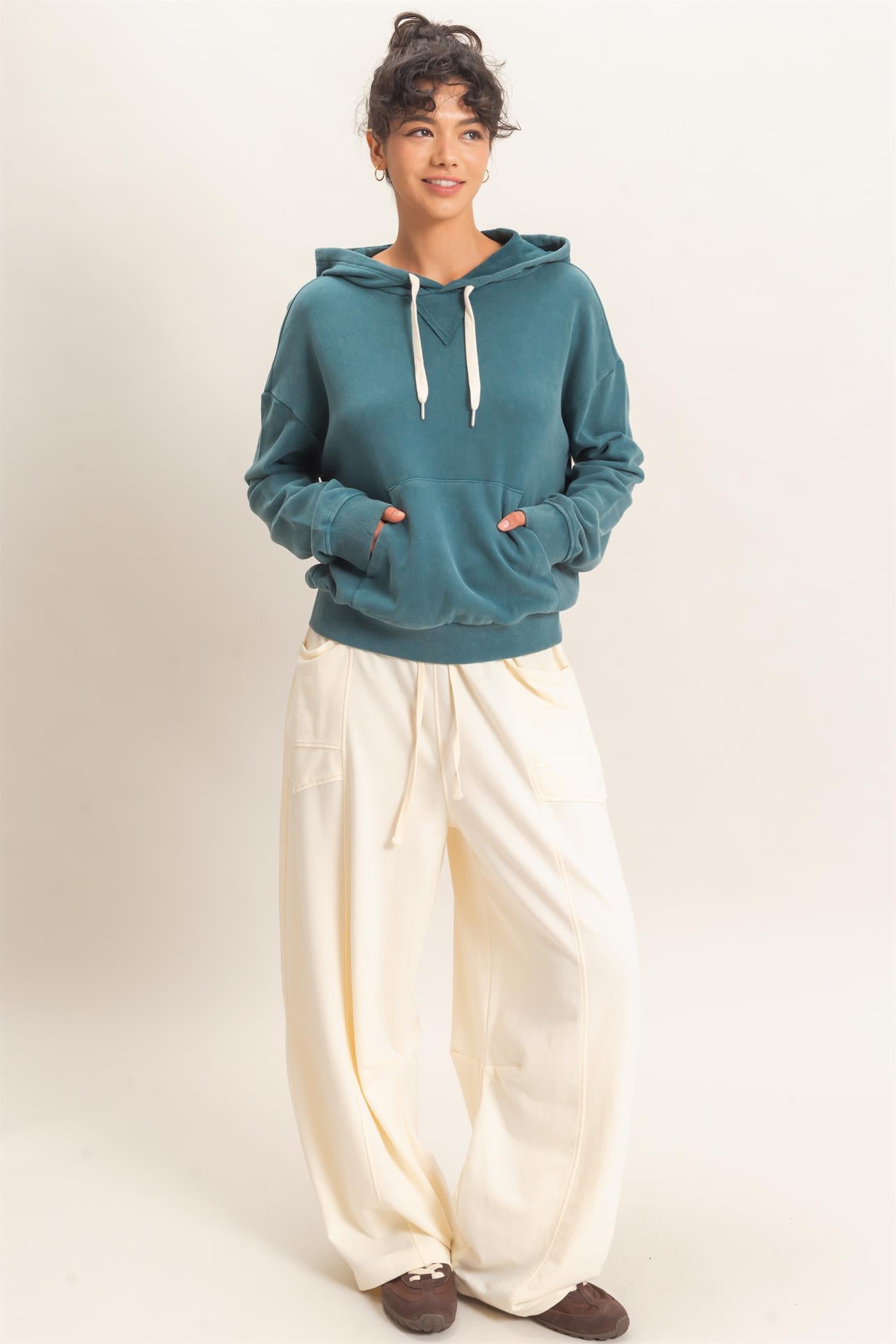 Wholesale Acid Wash Hoodie Clothing Tops DZ26E112 DARK TEAL DOUBLE ZERO