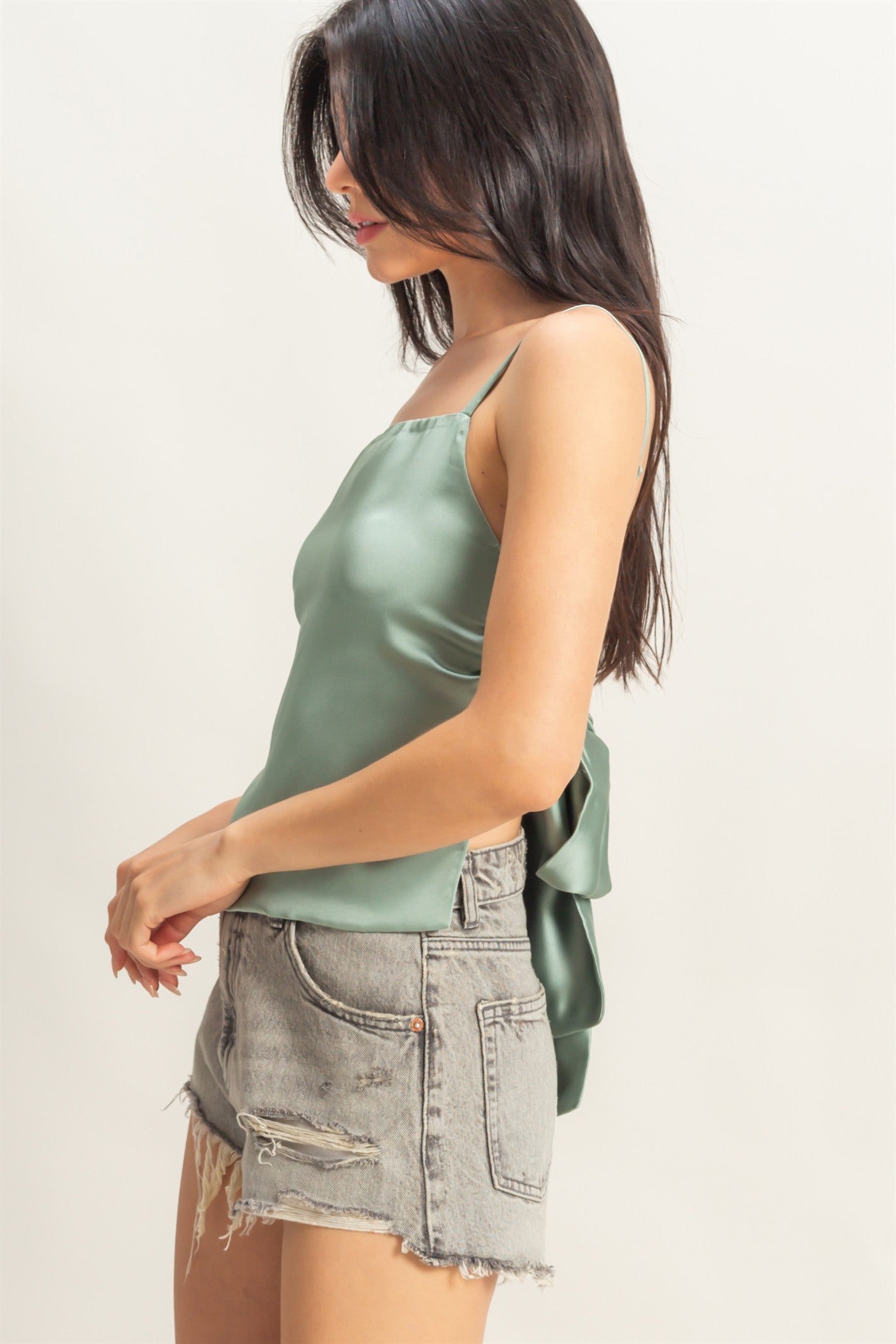 Wholesale Satin Back Tie Detail Sleeveless Top Clothing Tops DZ25C126 SAGE GREEN DOUBLE ZERO