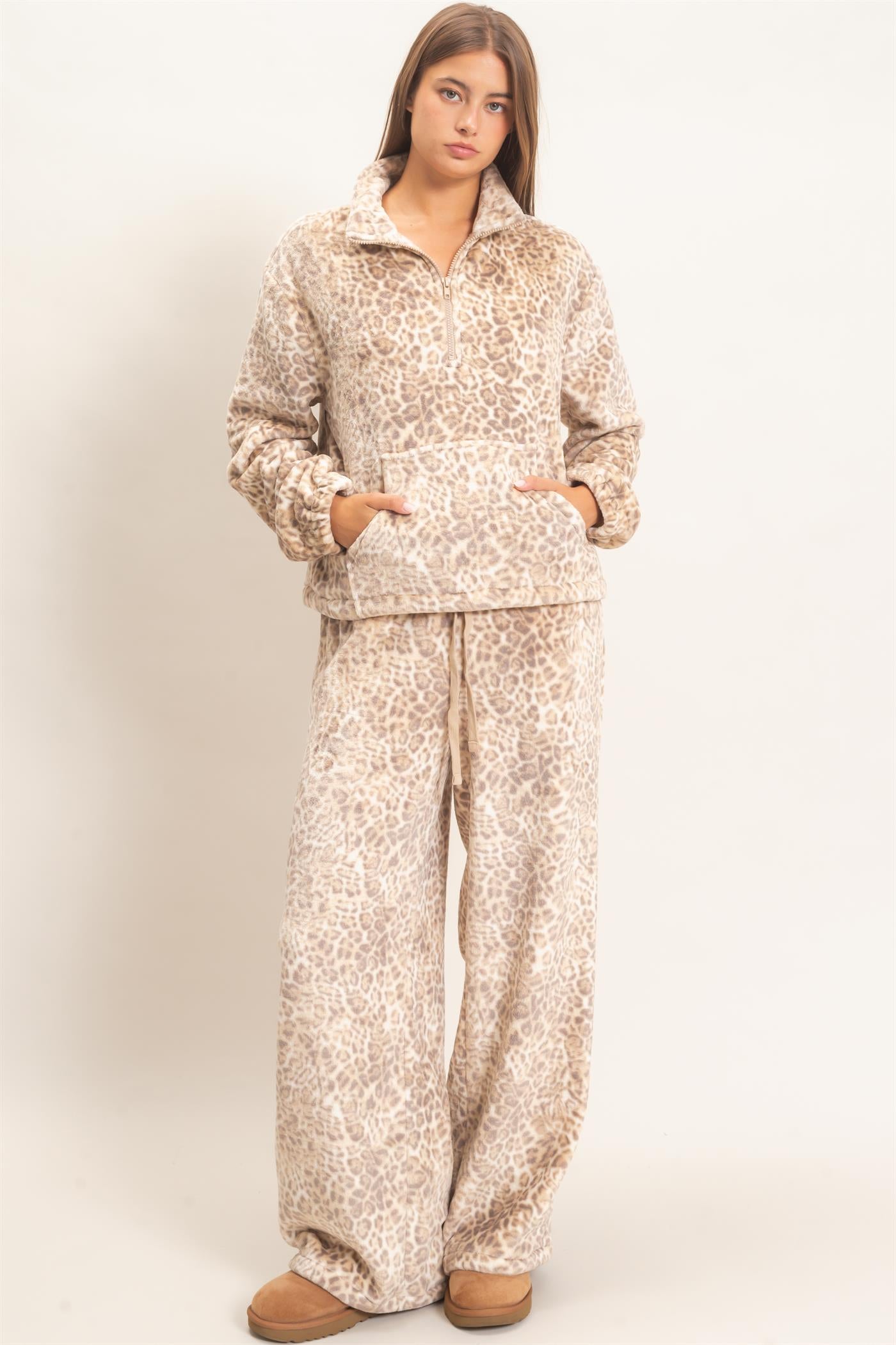 Wholesale Leopard Print Fleece Half Zip Pullover Sweaters DZ26E830 BEIGE DOUBLE ZERO