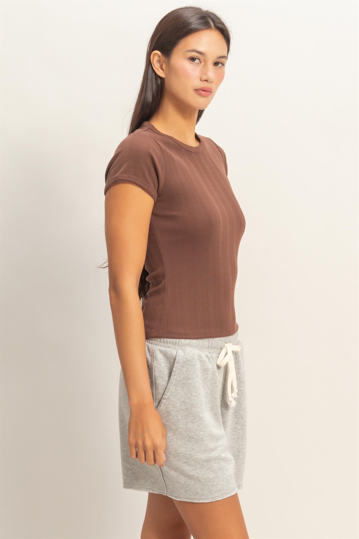 Wholesale Pointelle Short Sleeve Top Clothing Tops DZ26C285 CHOCOLATE DOUBLE ZERO