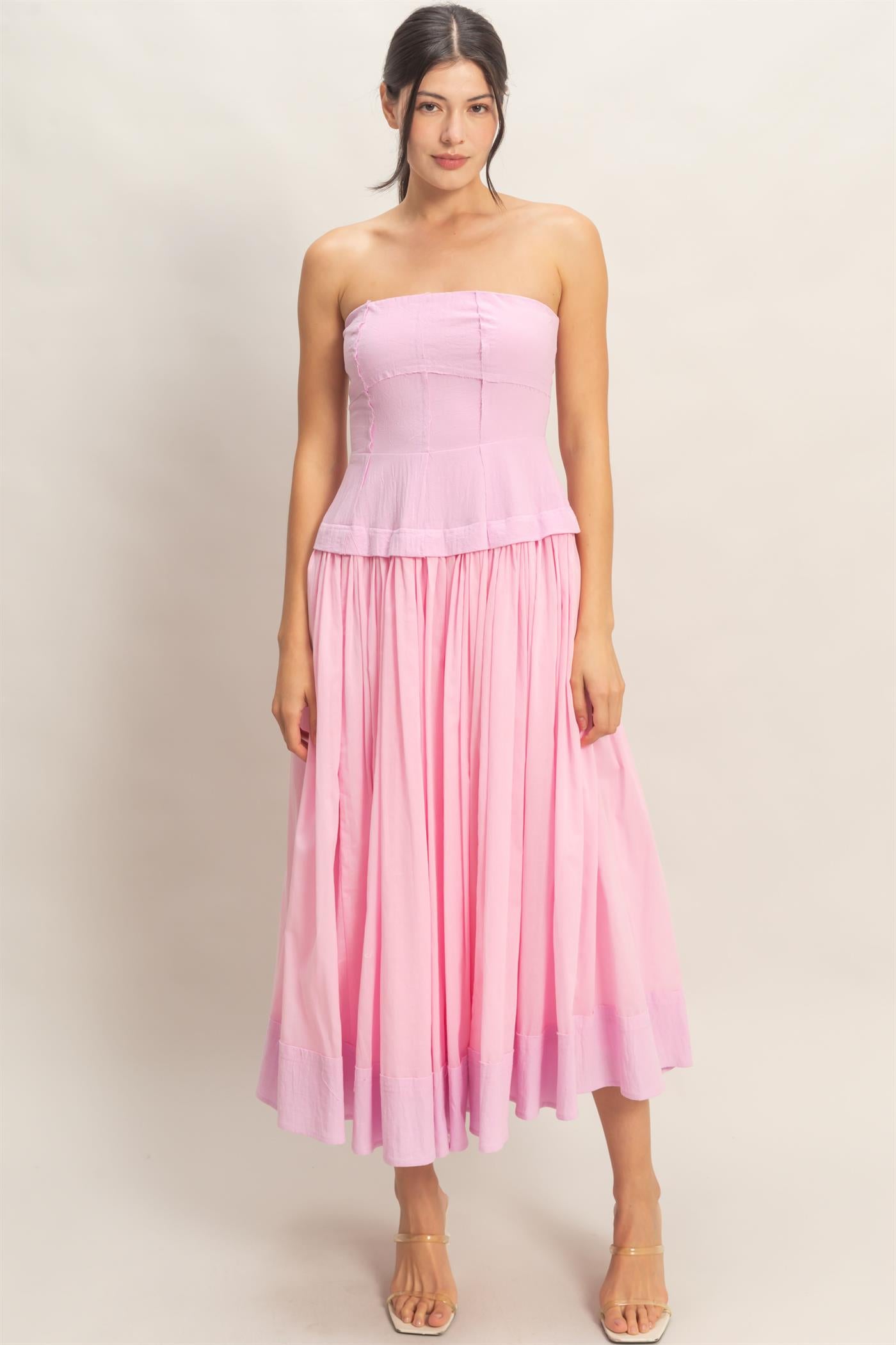 Wholesale Strapless Tiered Maxi Dress Dresses HF26A570 PINK HYFVE