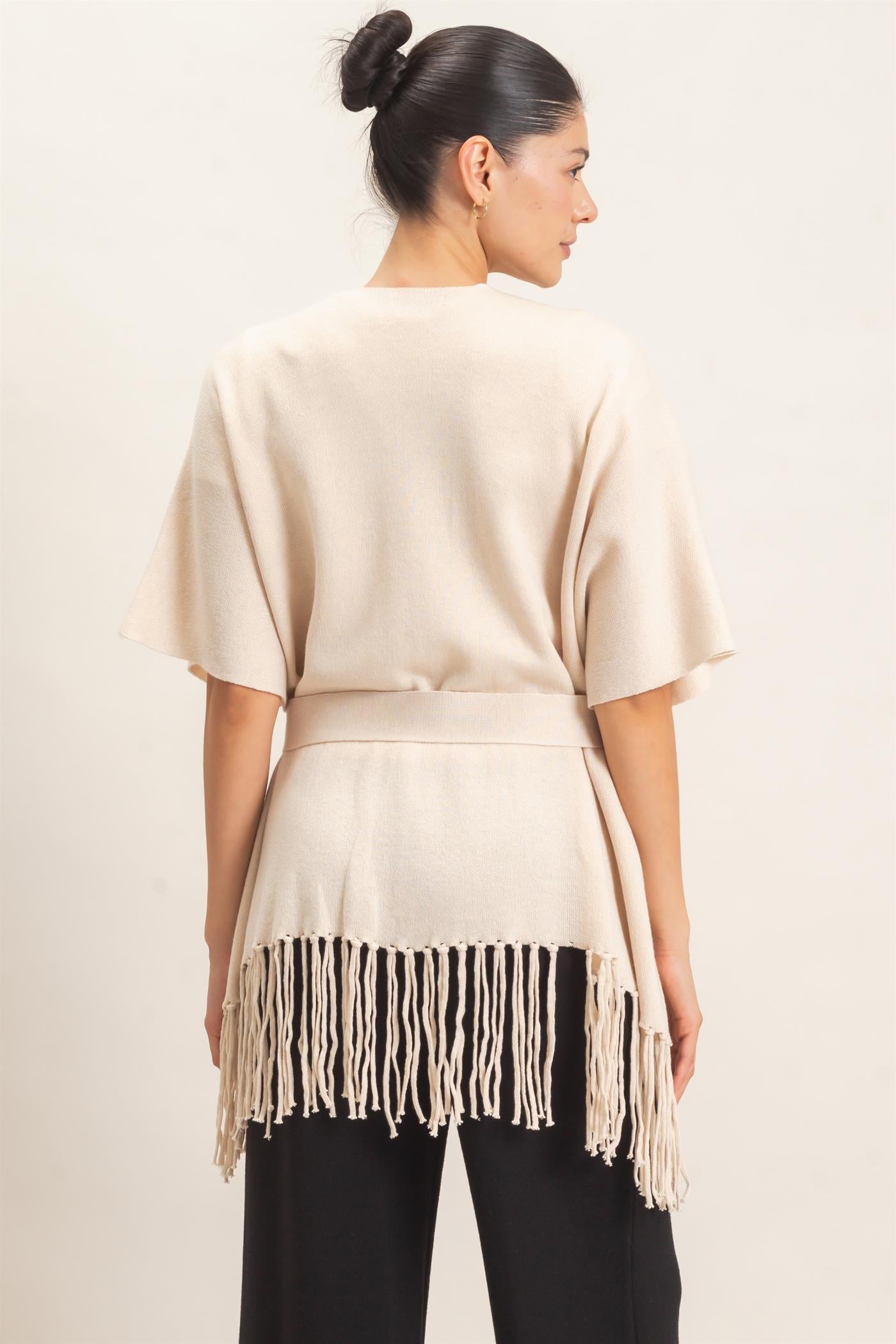 Wholesale Fringe Hem Kimono Sweater Kimonos HF26E041 OATMEAL HYFVE