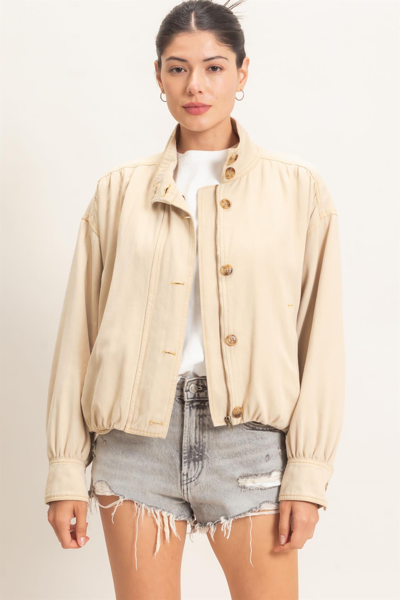 Wholesale High Collar Denim Bomber Jacket Coats & Jackets HF26E090-D BEIGE HYFVE