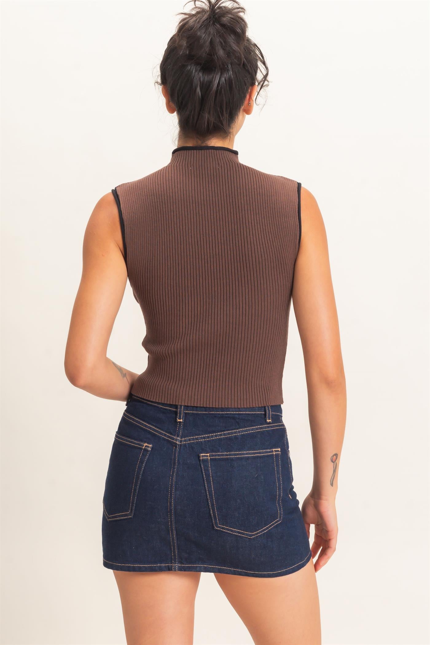 Wholesale Ribbed Mock Neck Sleeveless Top Clothing Tops DZ26E777 DARK BROWN DOUBLE ZERO