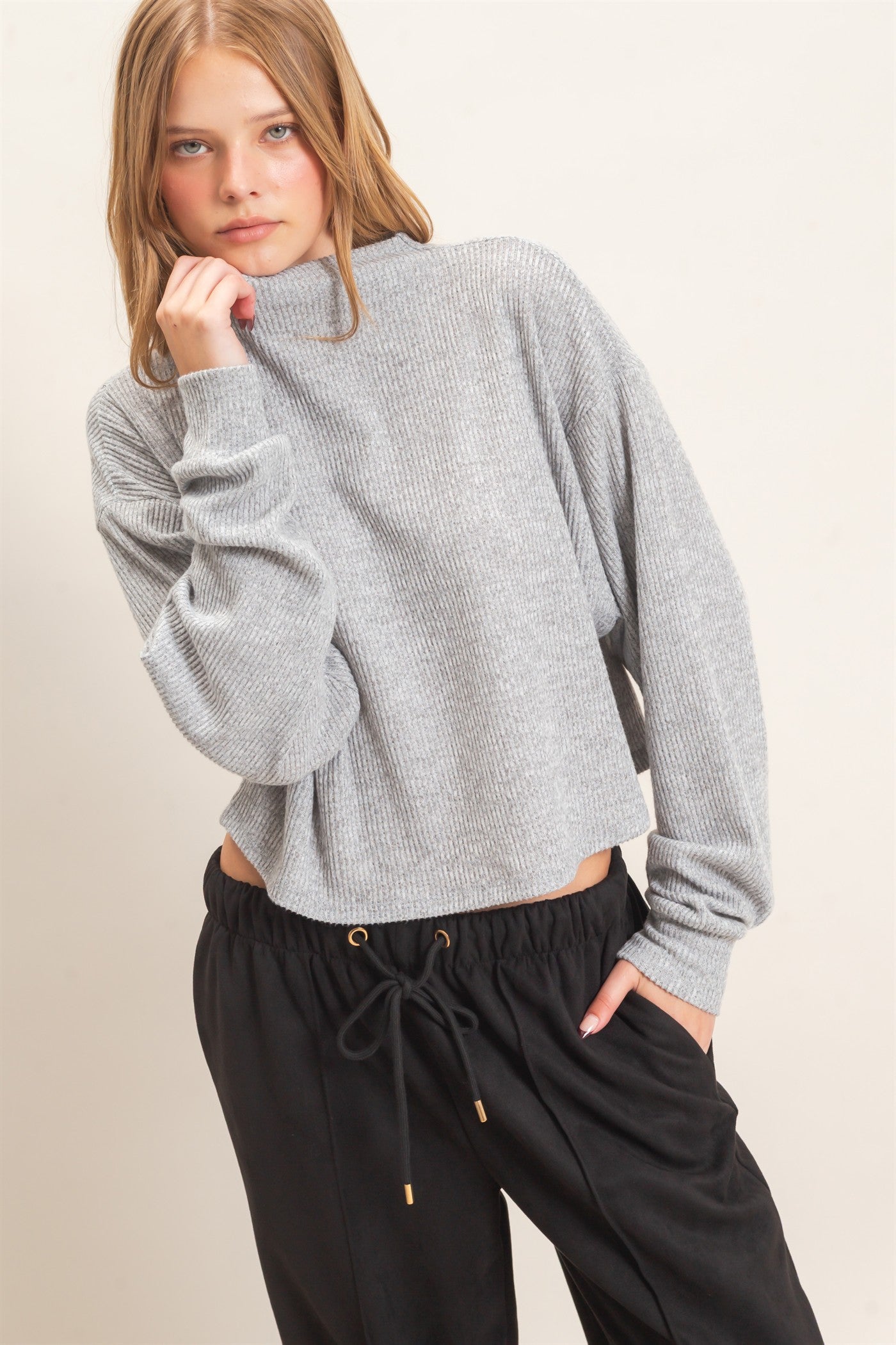 Wholesale Ribbed Mock Neck Top Clothing Tops HF26F030 GRAY HYFVE