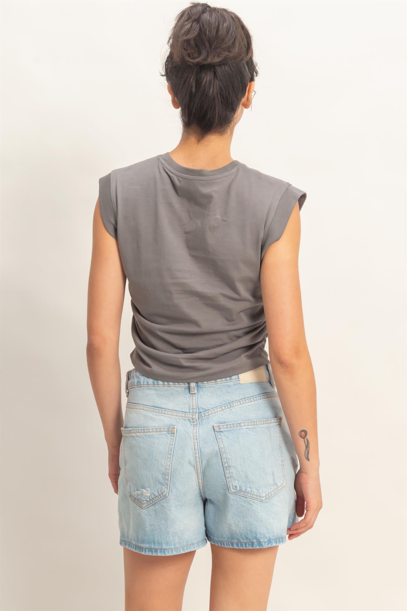 Wholesale Ruched Waist Sleeveless Cotton Top Clothing Tops DZ26C520 CHARCOAL DOUBLE ZERO