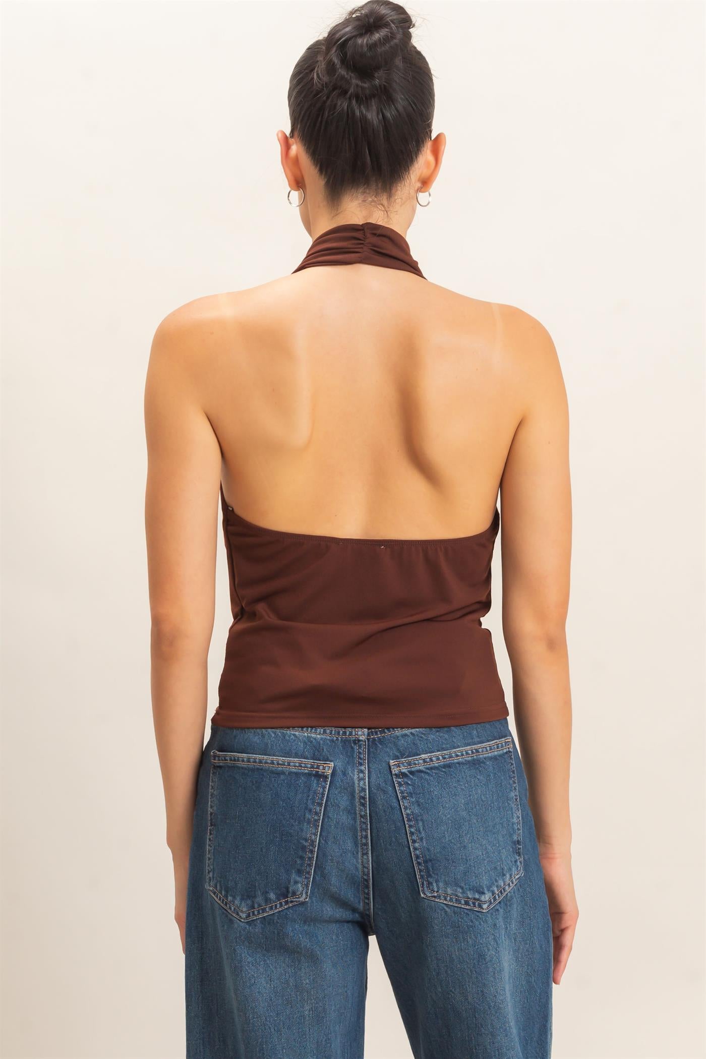 Wholesale Cowl Halter Neck Top Clothing Tops HF26E408 CHOCOLATE HYFVE
