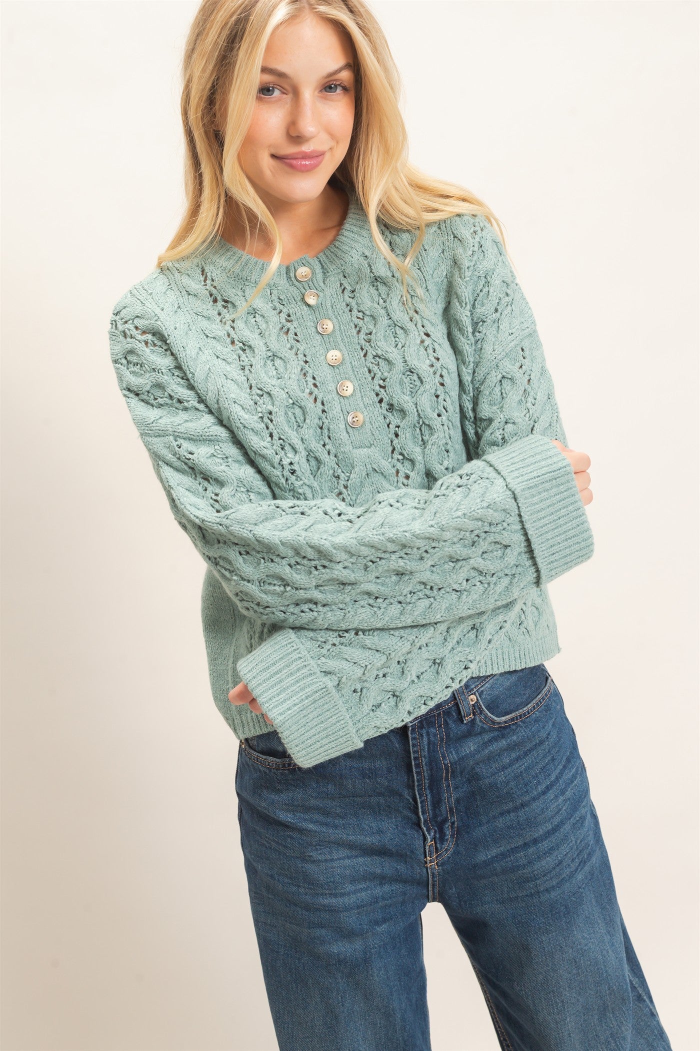 Wholesale Cable Knit Henley Sweaters HF26E552 CALMING GREEN HYFVE