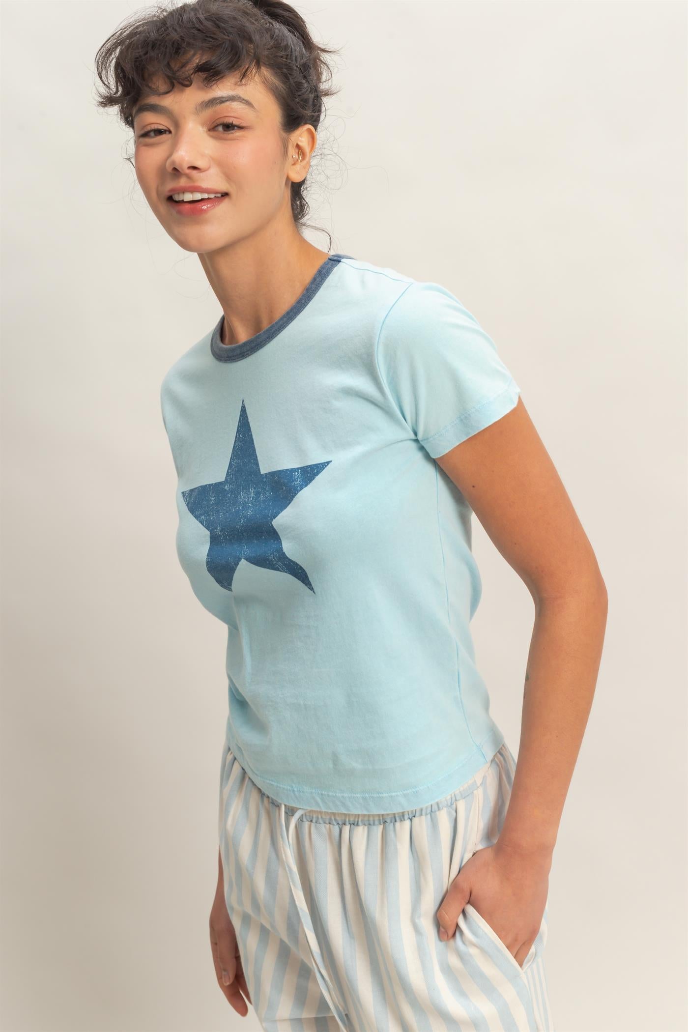 Wholesale Star Graphic Crew Neck T-Shirt T-Shirts DZ26C695 BLUE DOUBLE ZERO