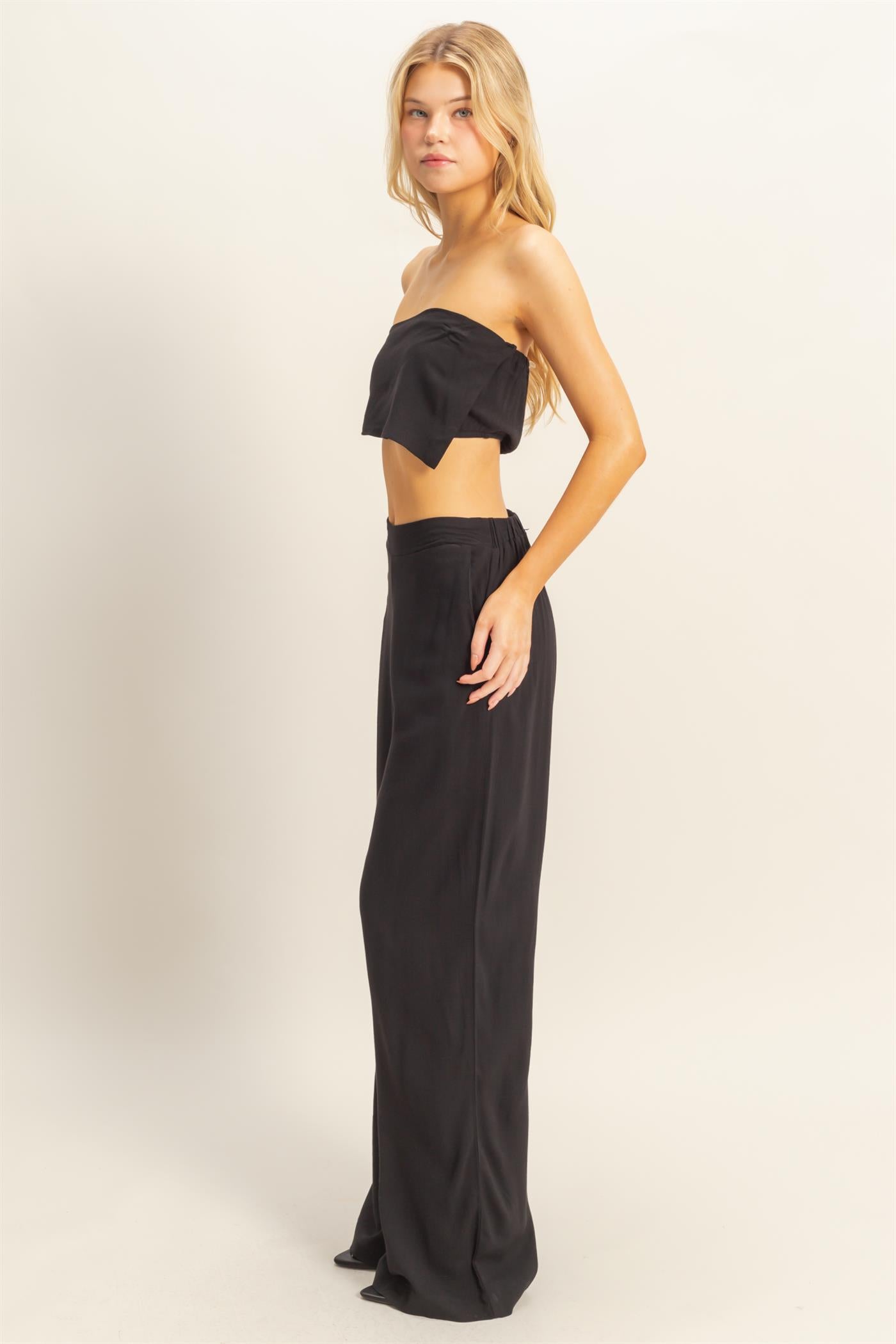 Wholesale Stretch Linen Top And Pants Set Clothing HF25E016-SET BLACK HYFVE